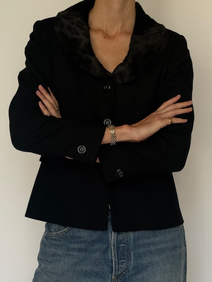 Vintage Black Blazer with Animal Print Faux Fur Collar 6630