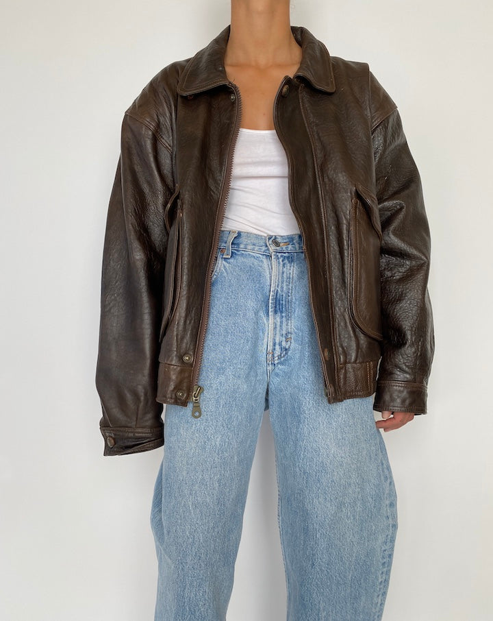 VINTAGE OVERSIZED BROWN BOXY LEATHER JACKET 2846