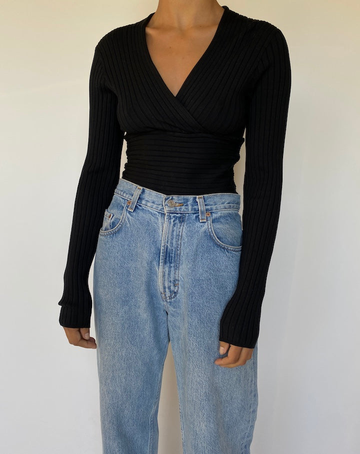 VINTAGE BLACK SILK BLENDED KNITTED LONG SLEEVE TOP 1530