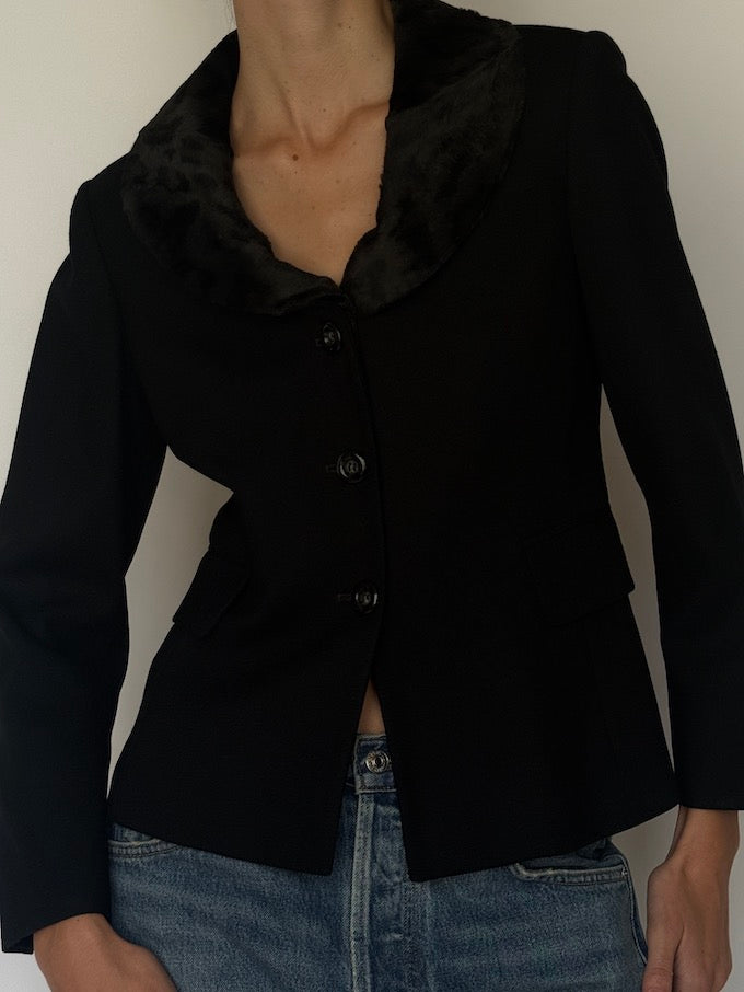 Vintage Black Blazer with Animal Print Faux Fur Collar 6630