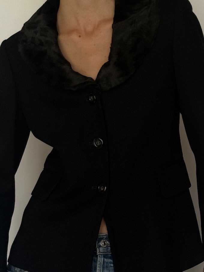 Vintage Black Blazer with Animal Print Faux Fur Collar 6630