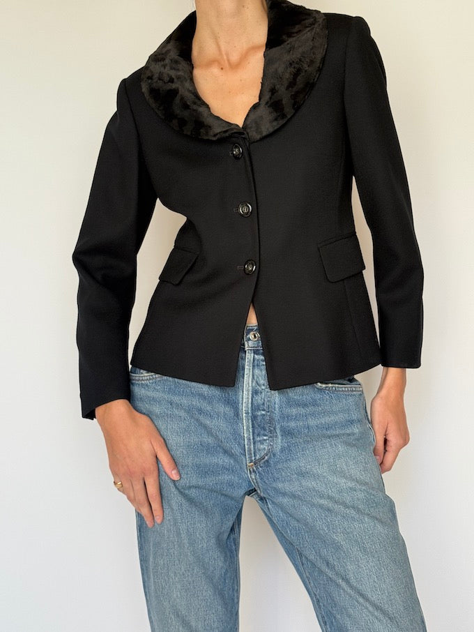 Vintage Black Blazer with Animal Print Faux Fur Collar 6630