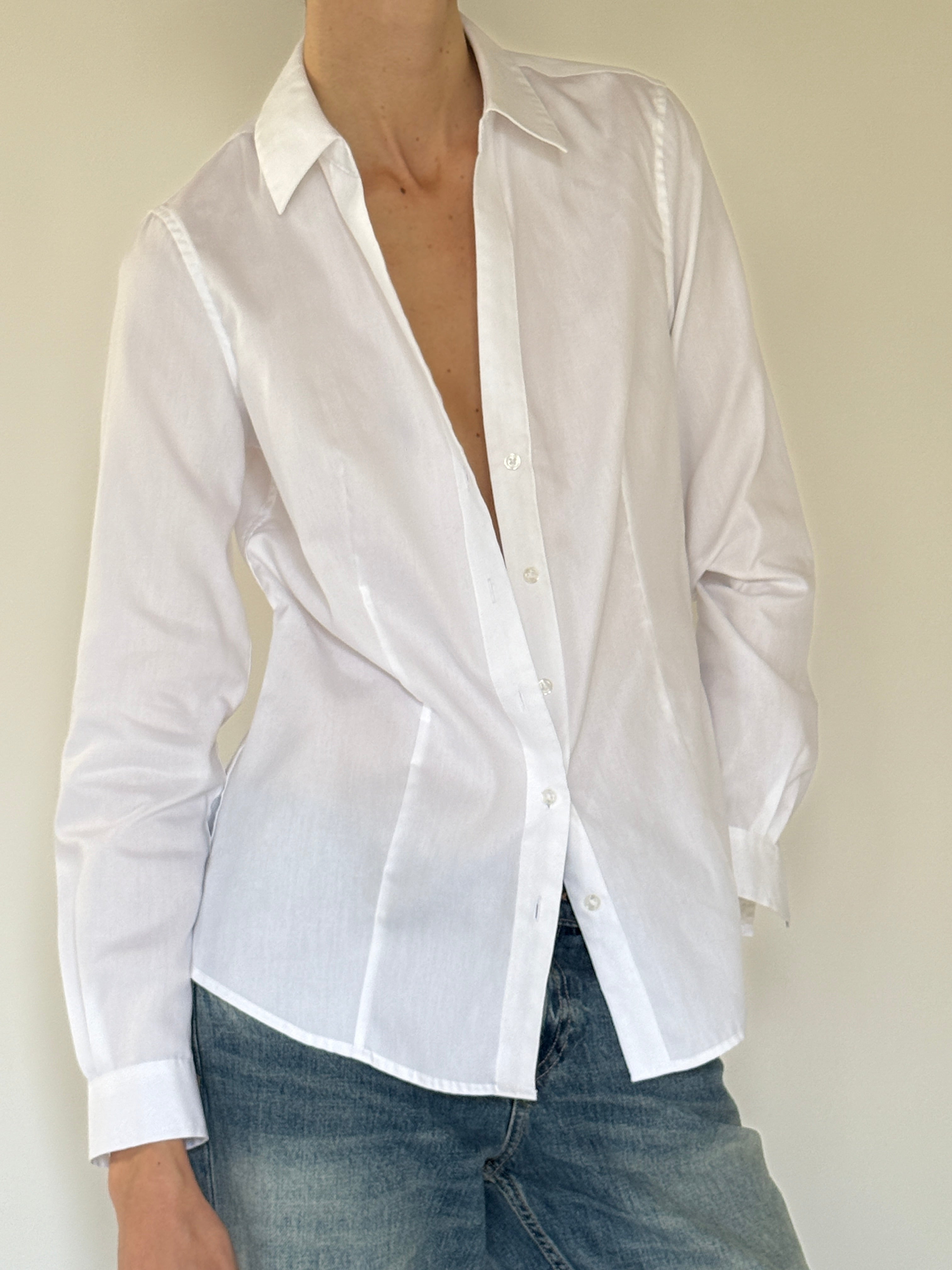 Vintage classic white fitted cotton shirt angled view