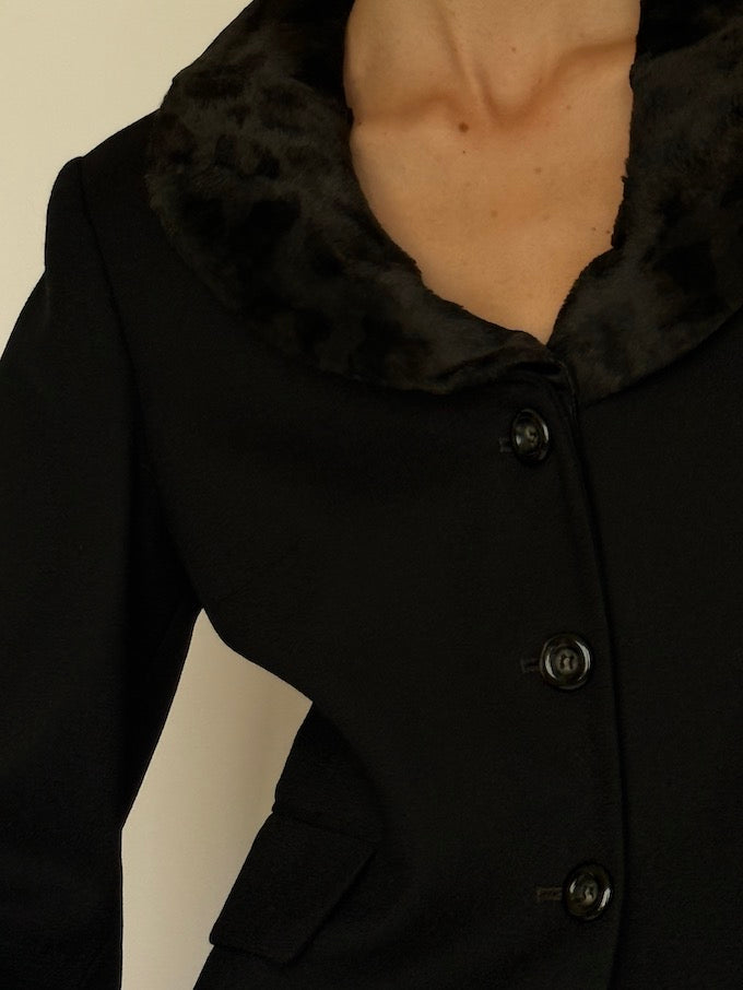 Vintage Black Blazer with Animal Print Faux Fur Collar 6630
