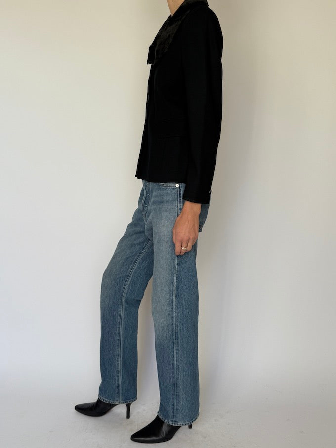 Vintage Black Blazer with Animal Print Faux Fur Collar 6630