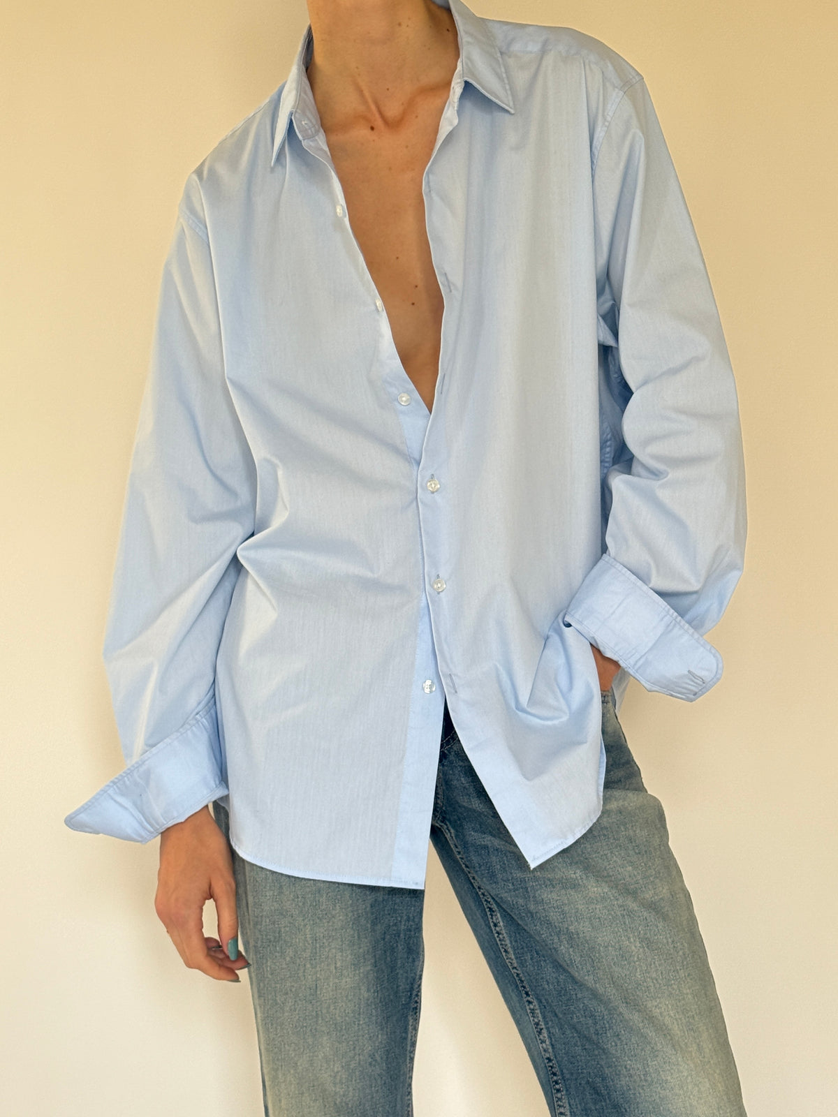 Vintage baby blue oversized button-up shirt front view