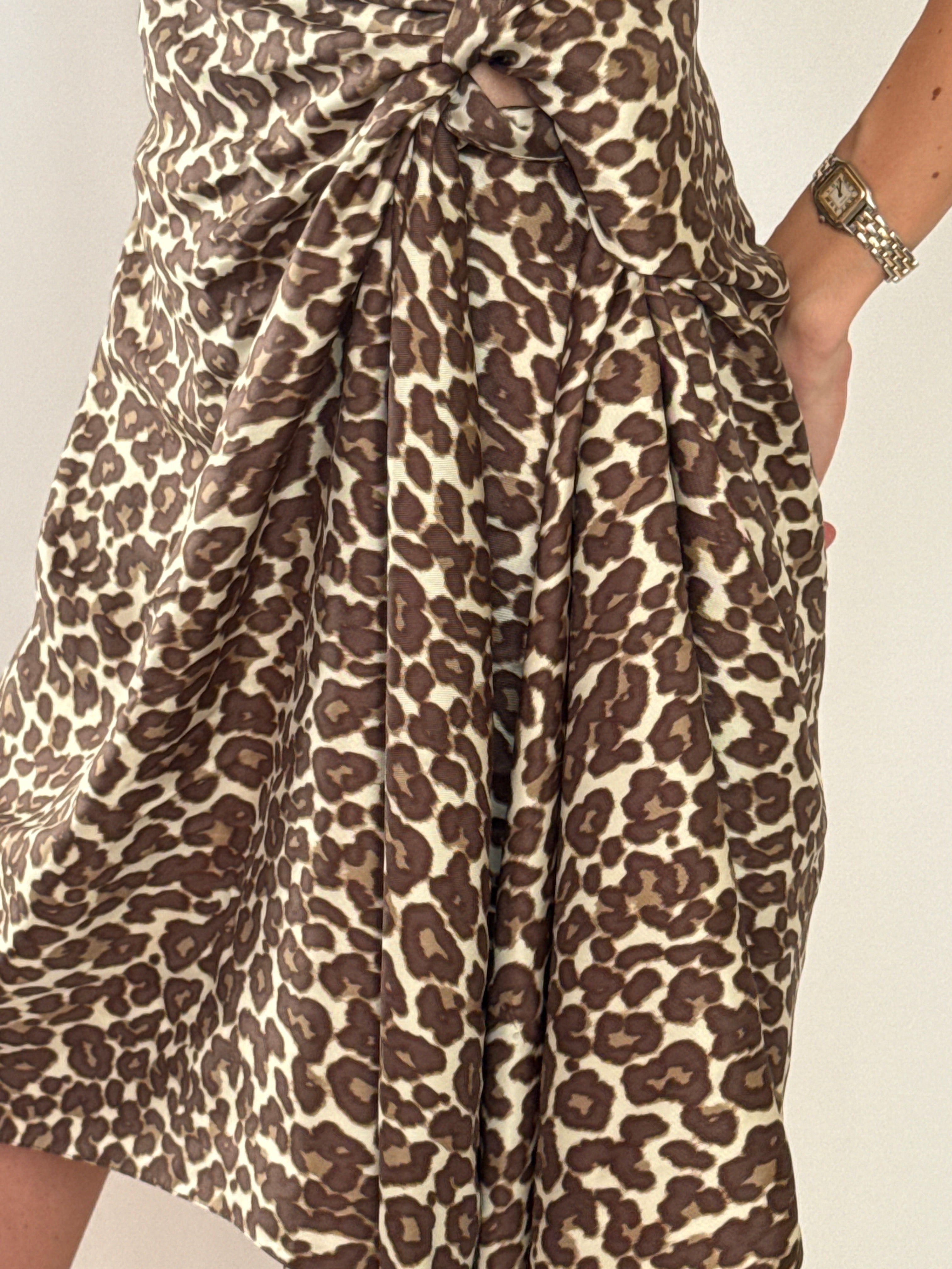 Leopard print sarong wrap showing knotted tie at waist