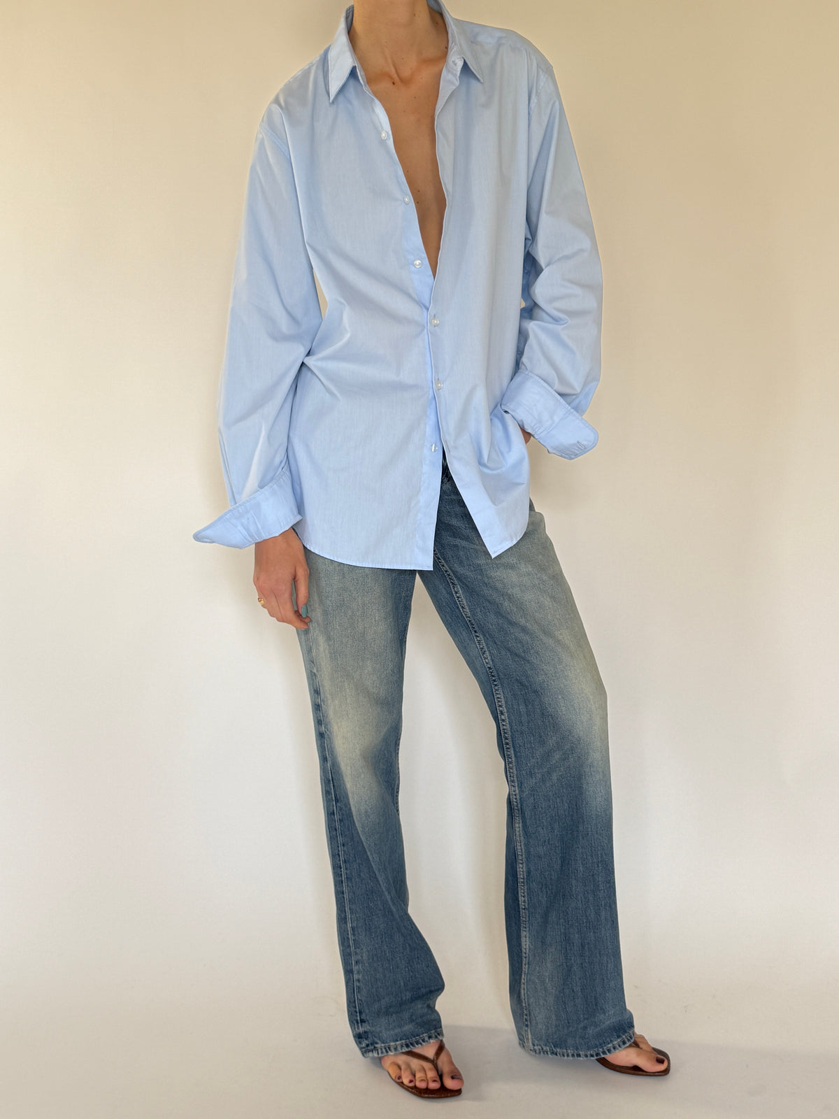 Vintage baby blue oversized shirt side view