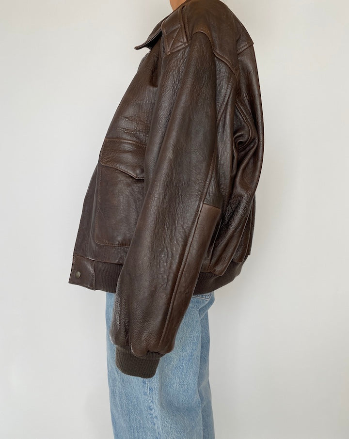 VINTAGE OVERSIZED DARK BROWN BOXY LEATHER JACKET 2850