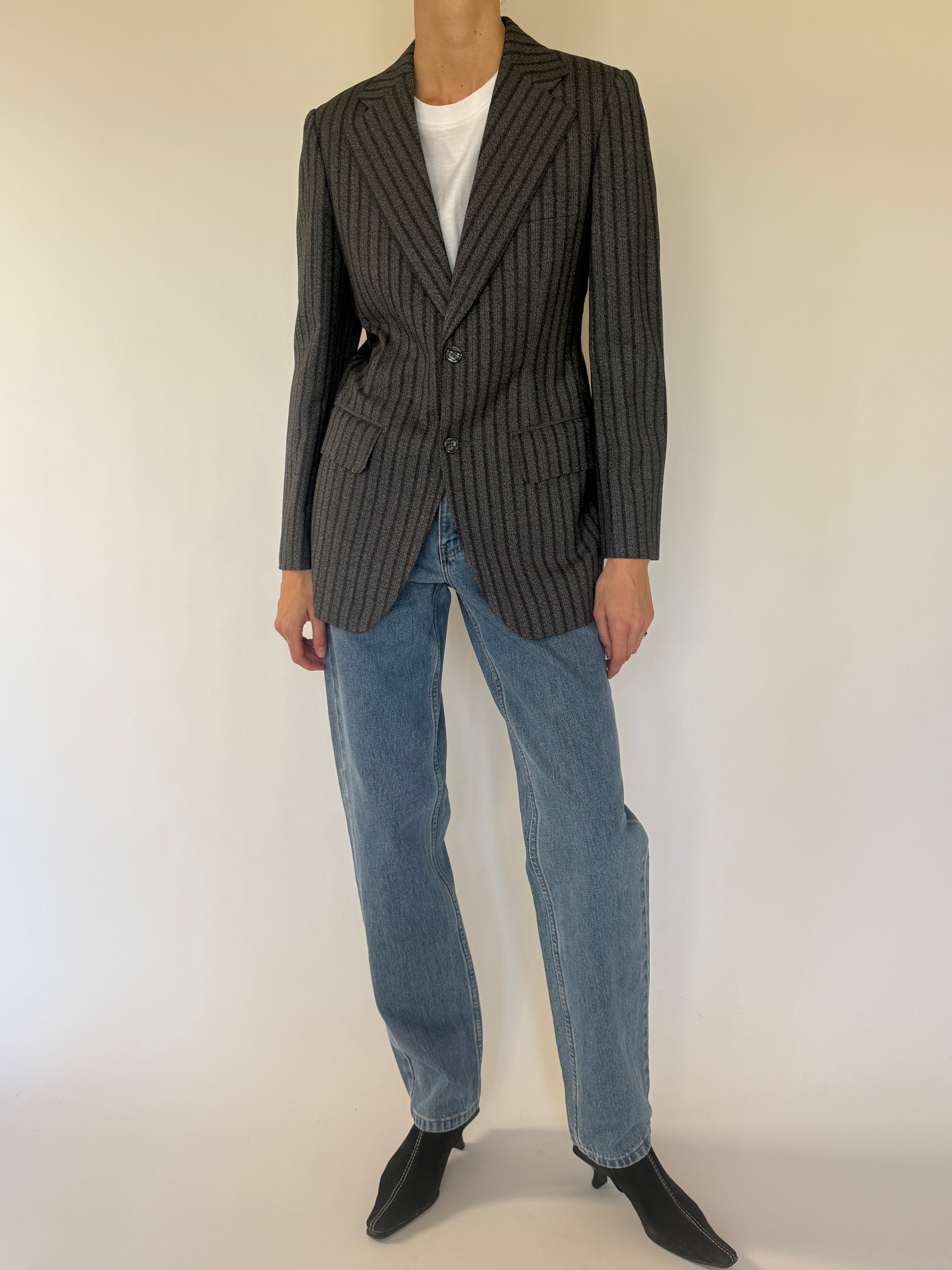 Vintage grey and charcoal pinstripe blazer front view