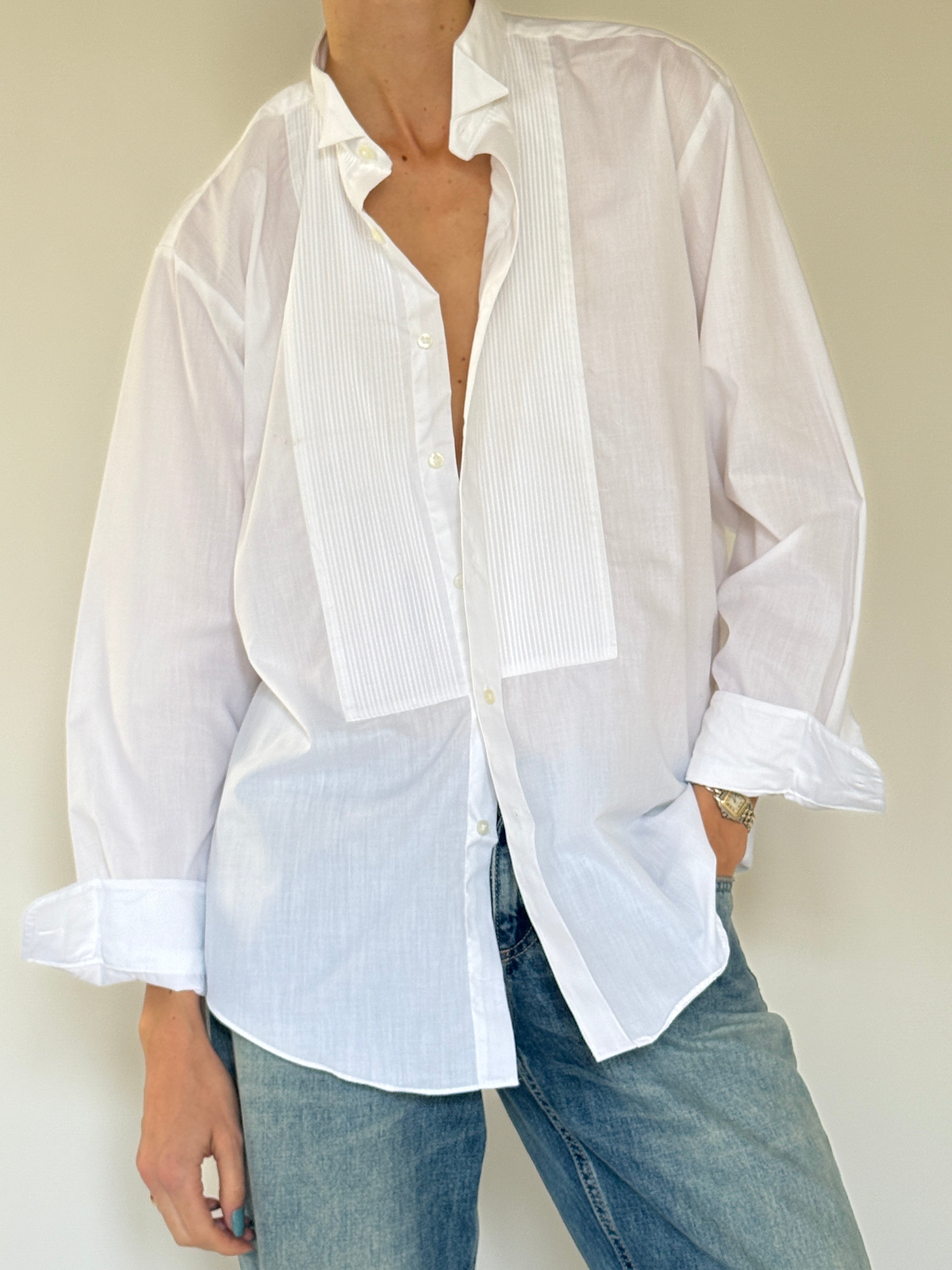 Vintage white pleated tuxedo cotton shirt front view