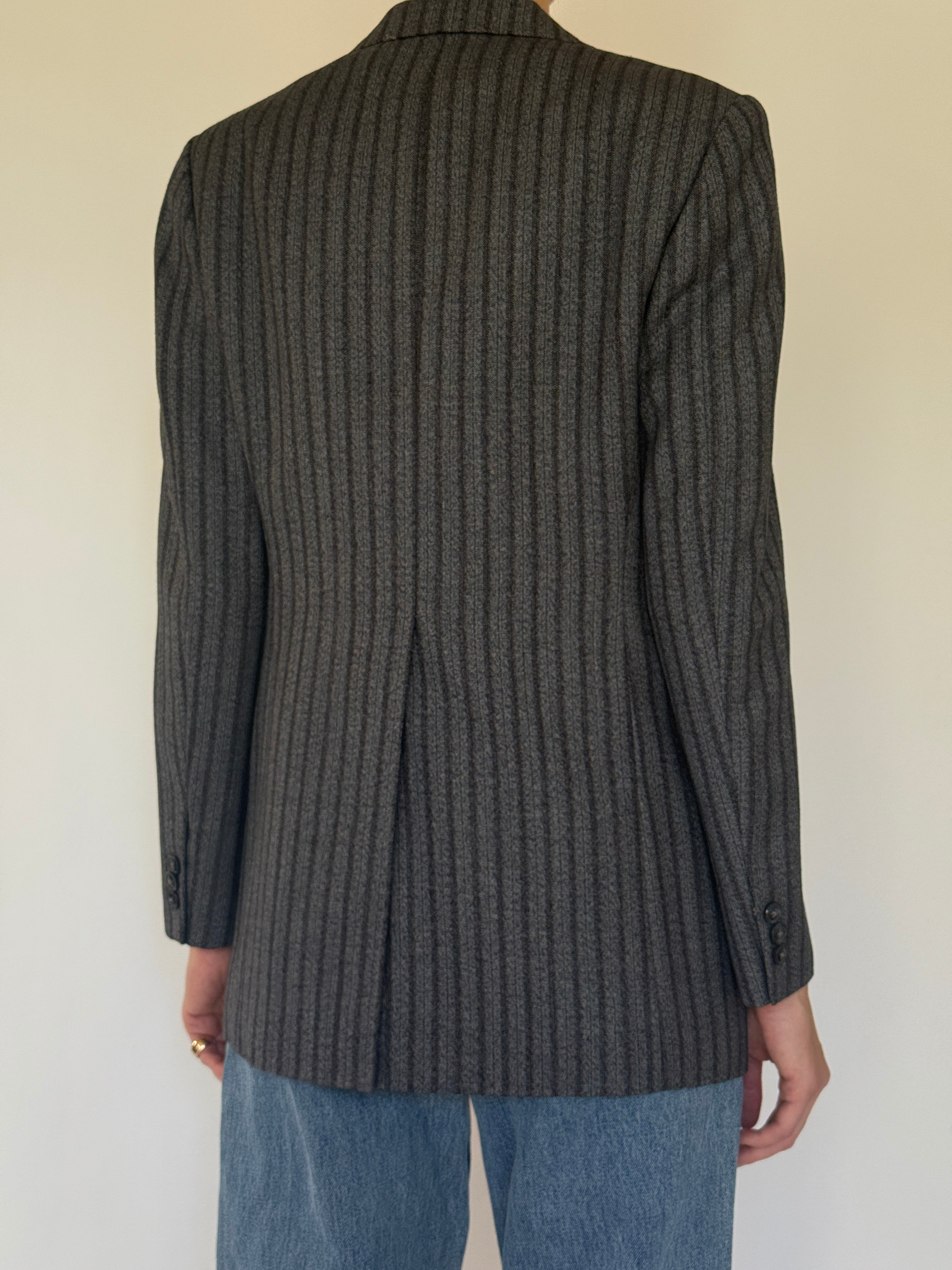 Vintage grey and charcoal pinstripe blazer back view