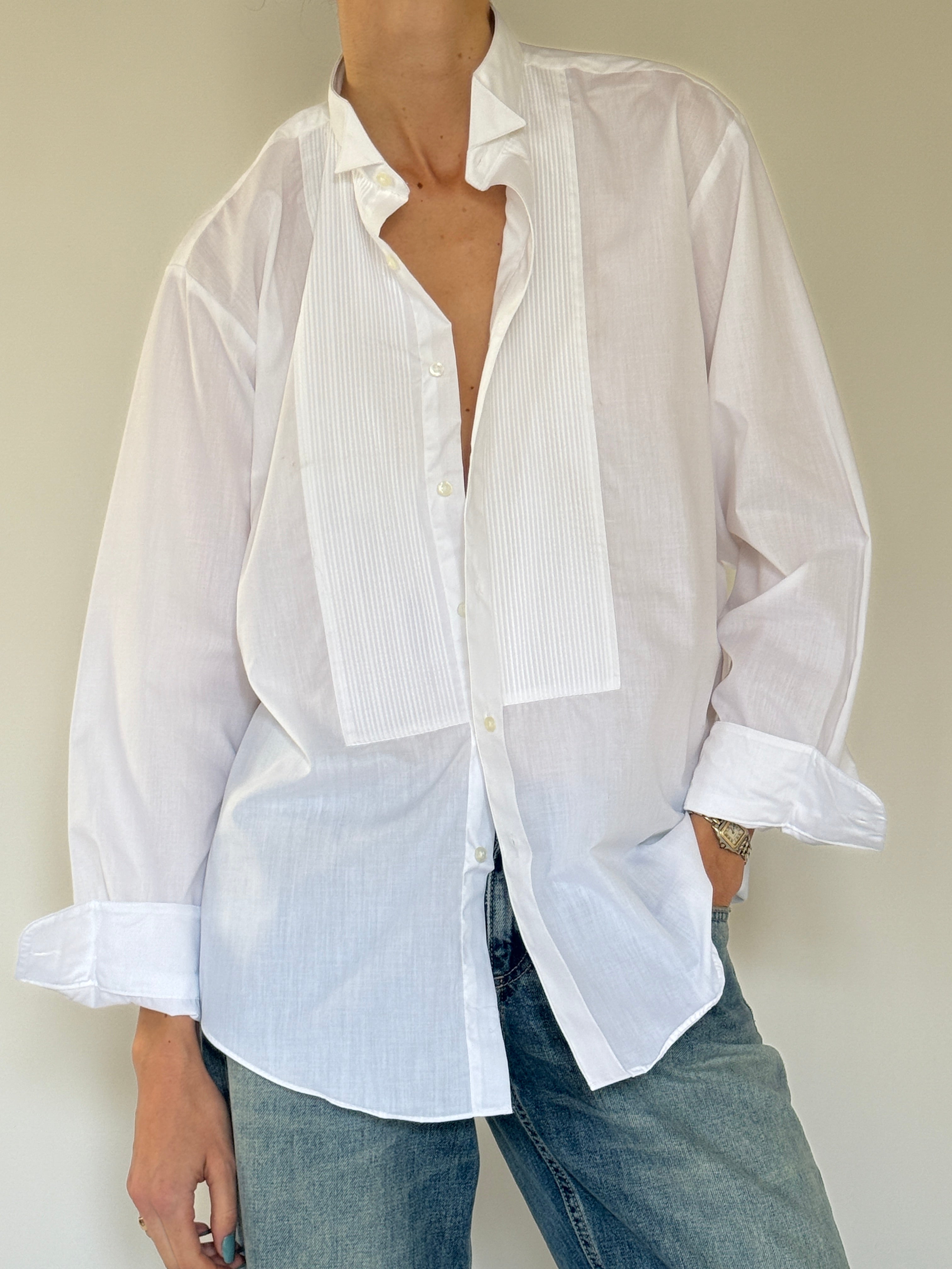 Vintage white cotton tuxedo shirt bib detail