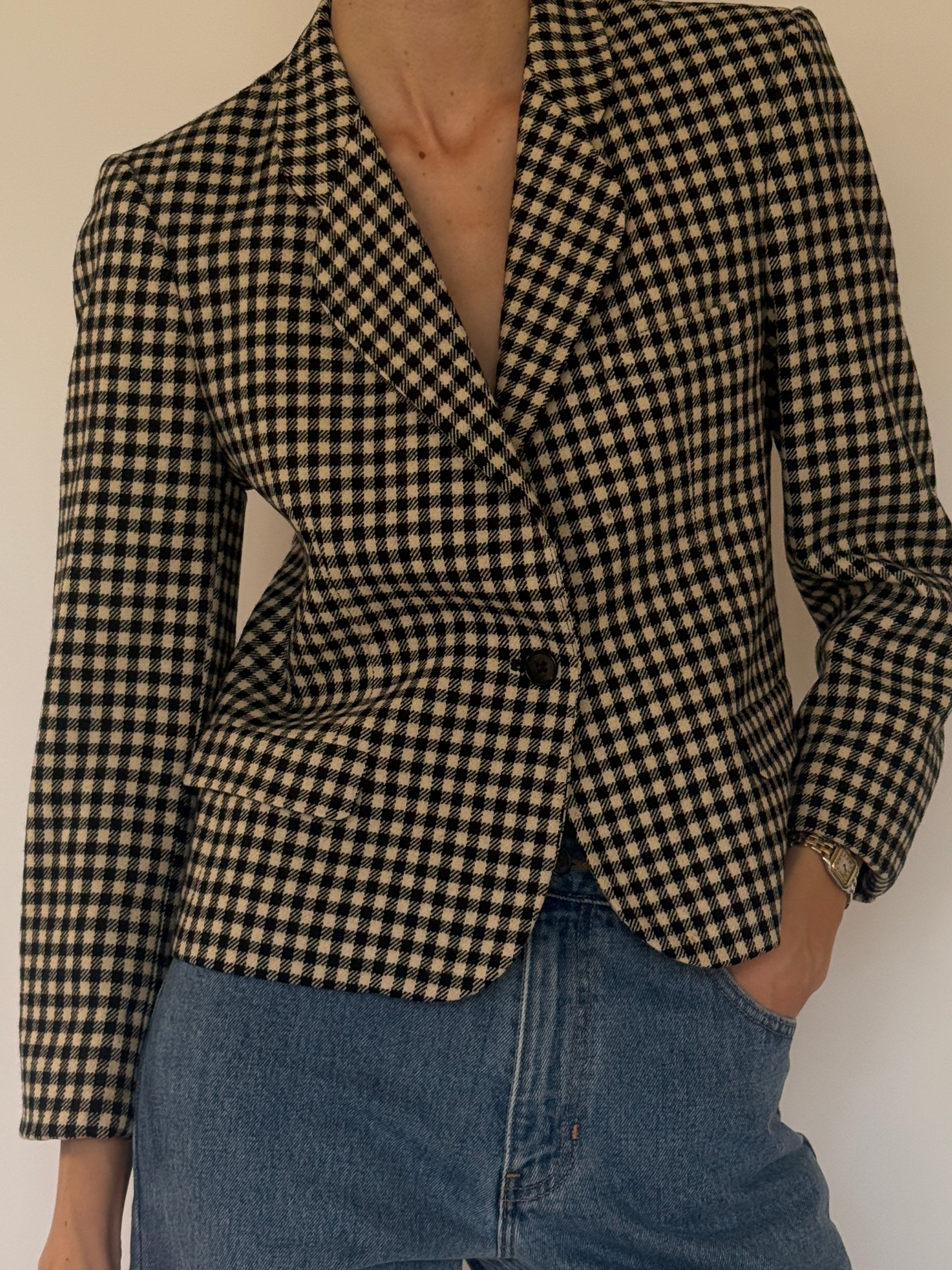 Vintage checkered blazer black ivory front view
