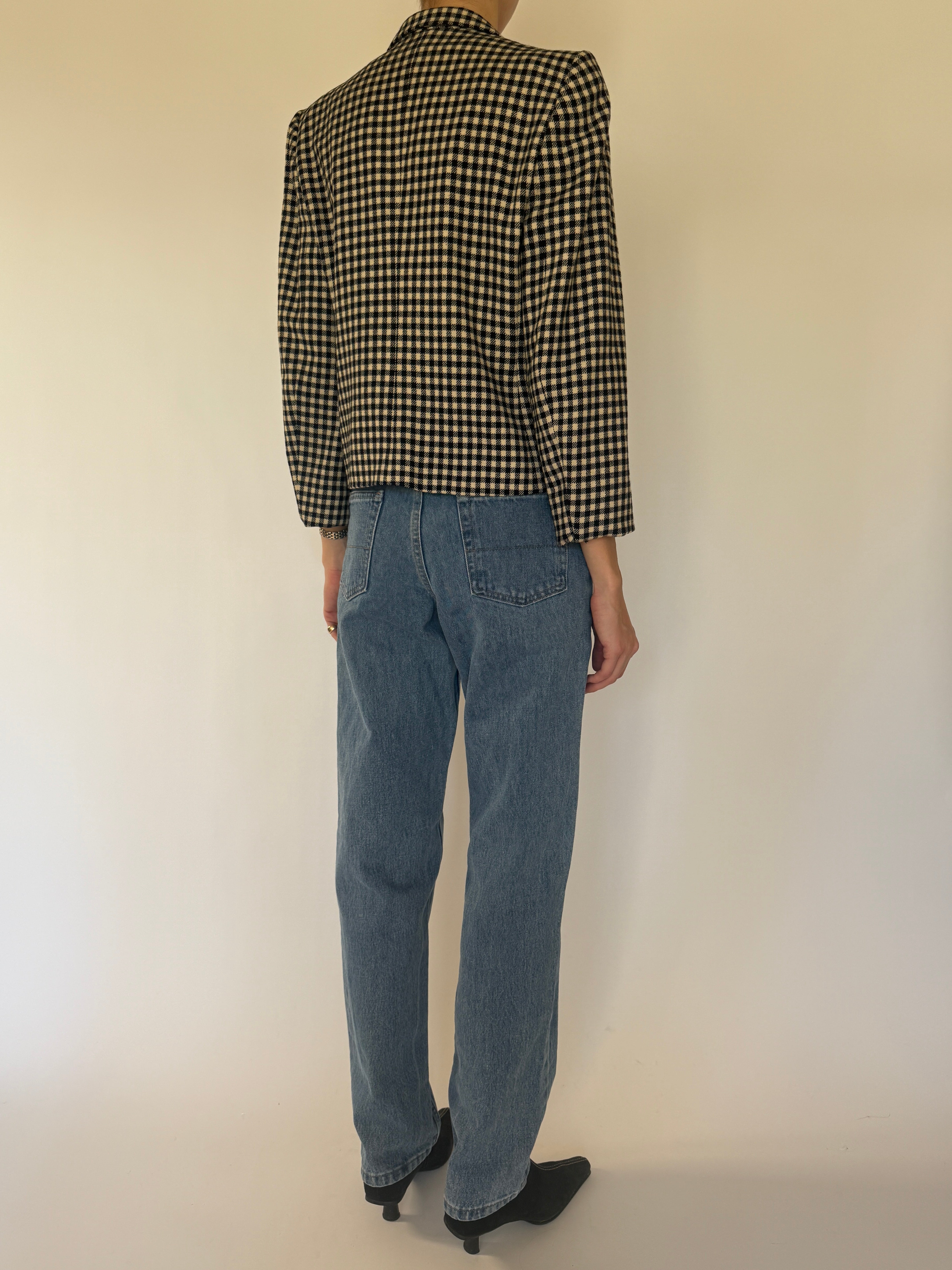 Vintage checkered blazer black ivory fabric close-up