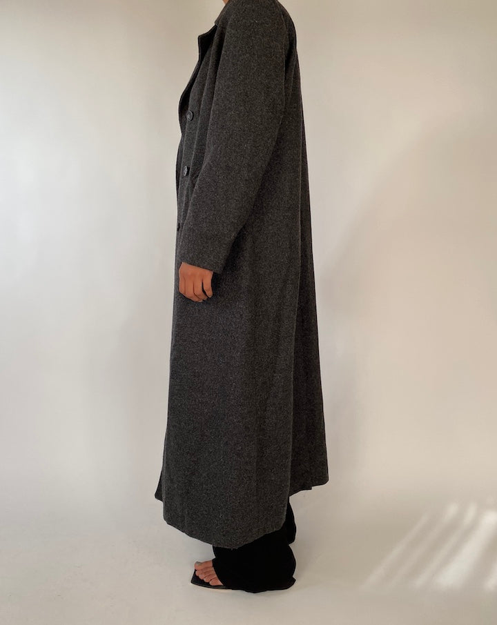 VINTAGE LONG DARK GREY WOOL BLENDED COAT 2352