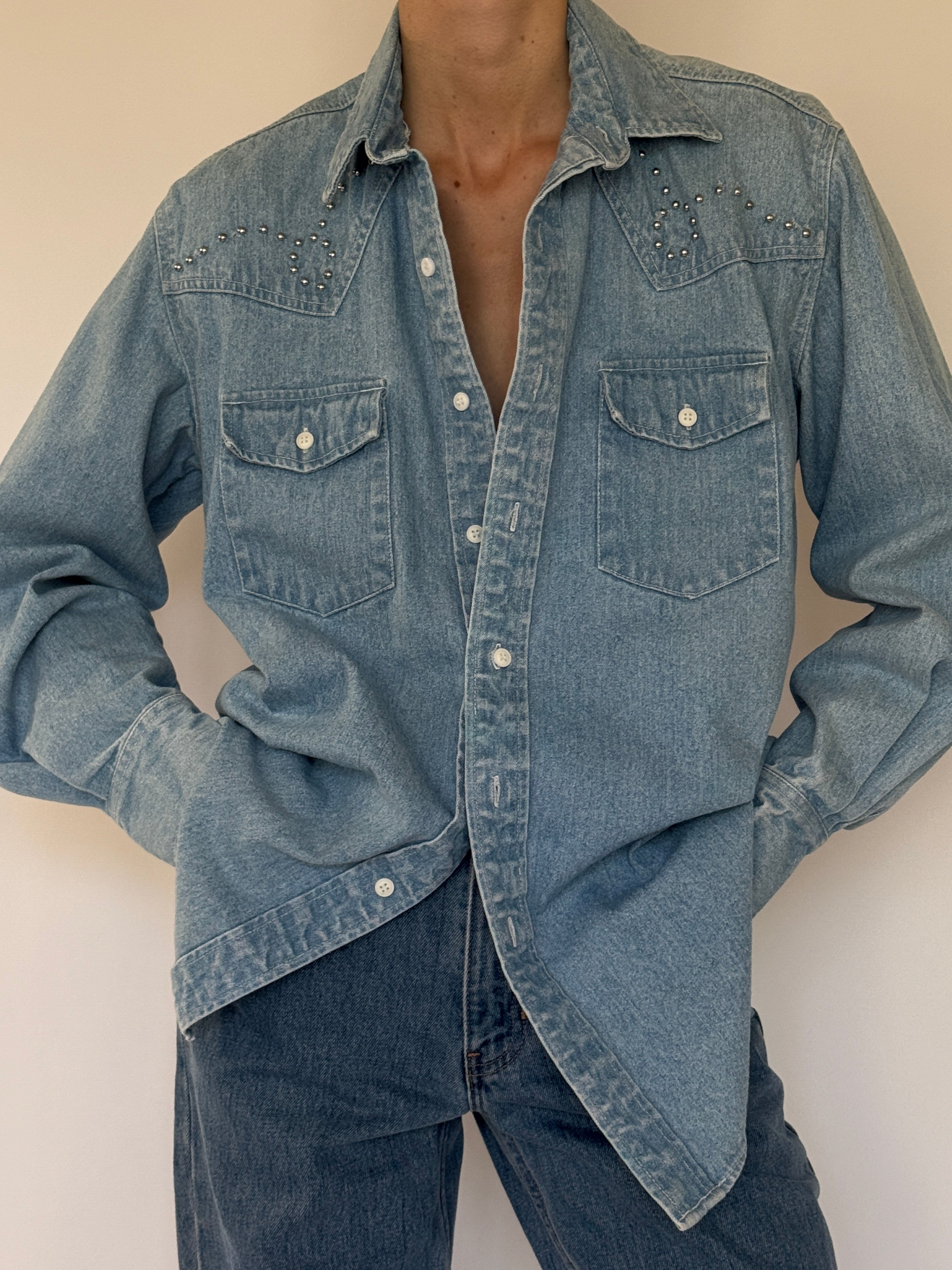 Vintage western-inspired denim shirt chest pocket detail