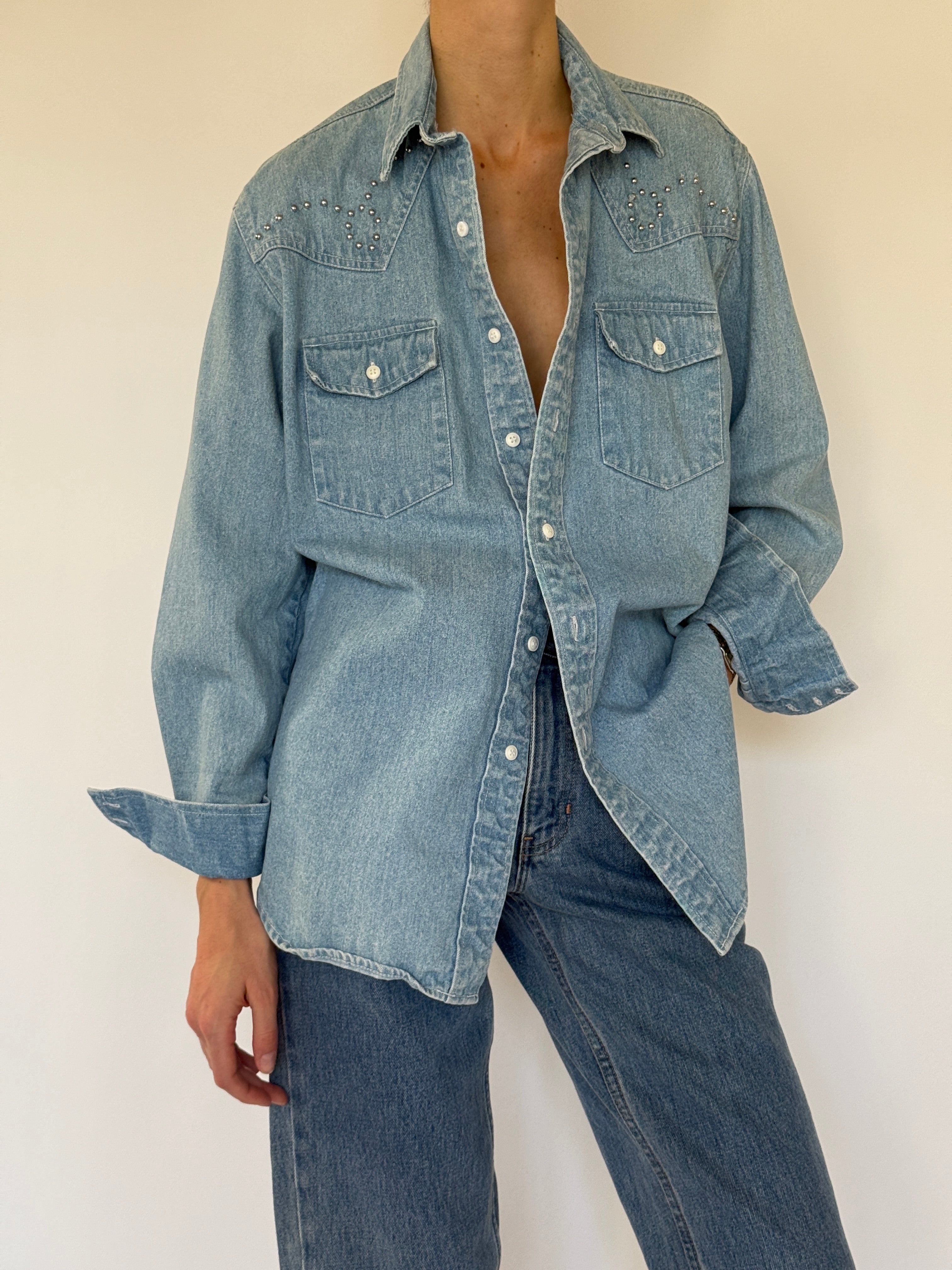 Vintage western-inspired blue denim shirt full front outfit view