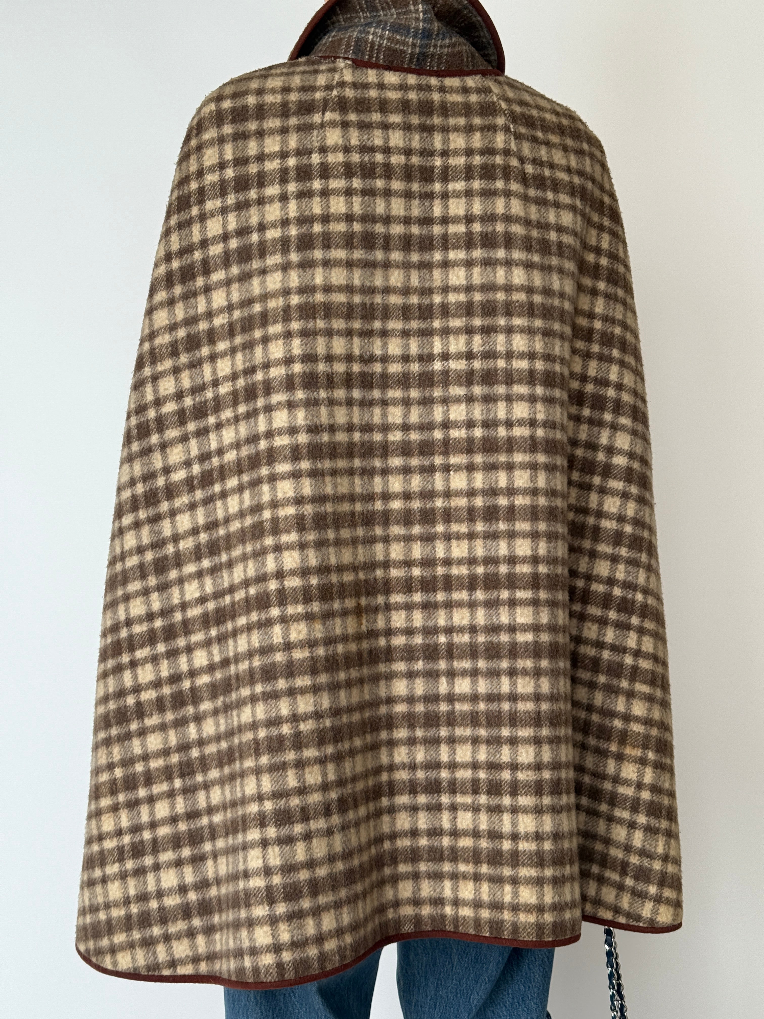 Vintage plaid cape jacket back view brown
