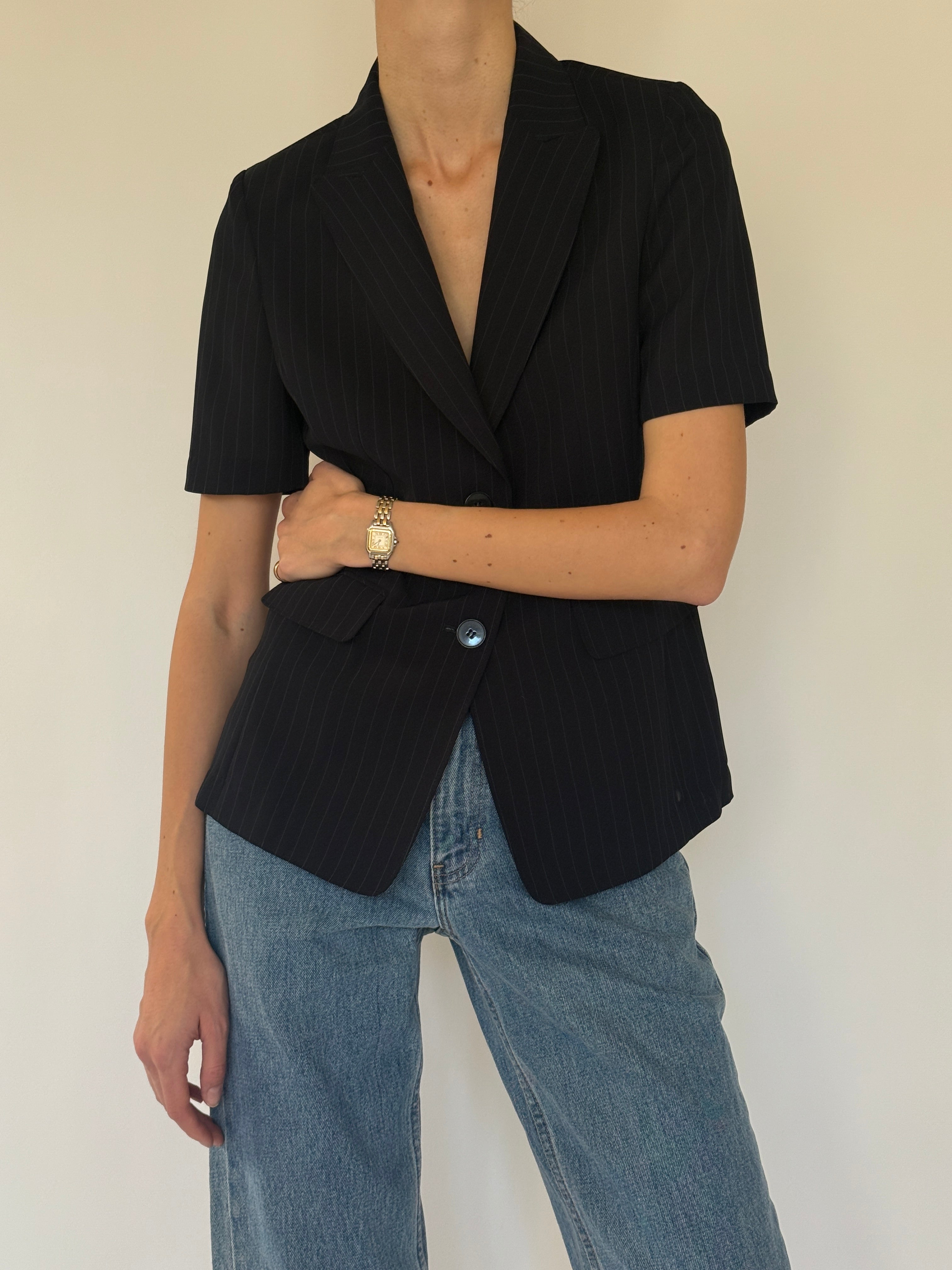 Vintage short sleeve pinstripe blazer button detail