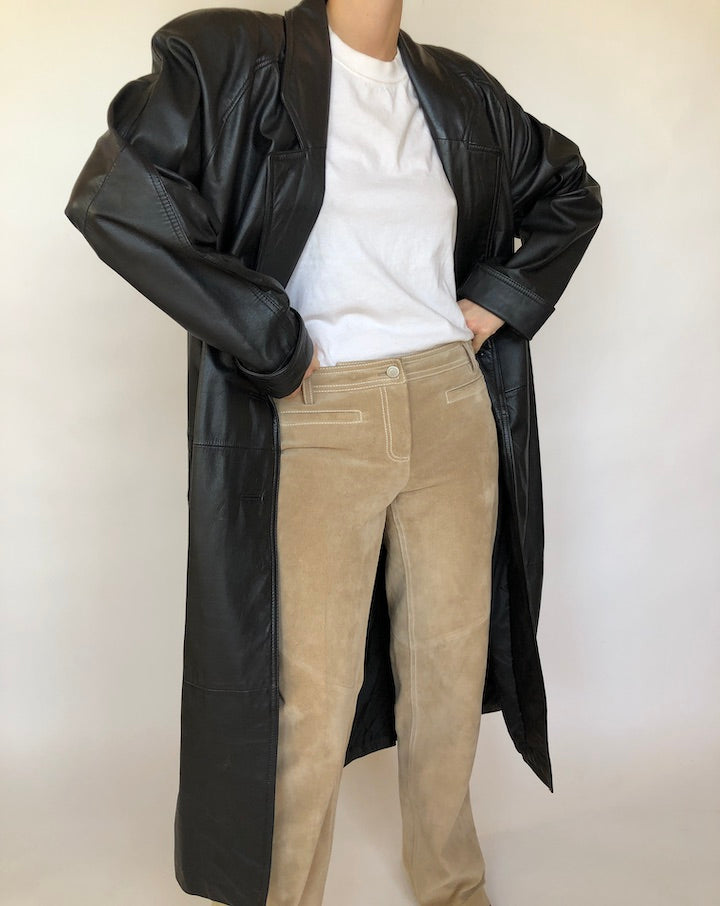 VINTAGE LONG BLACK LEATHER COAT 354