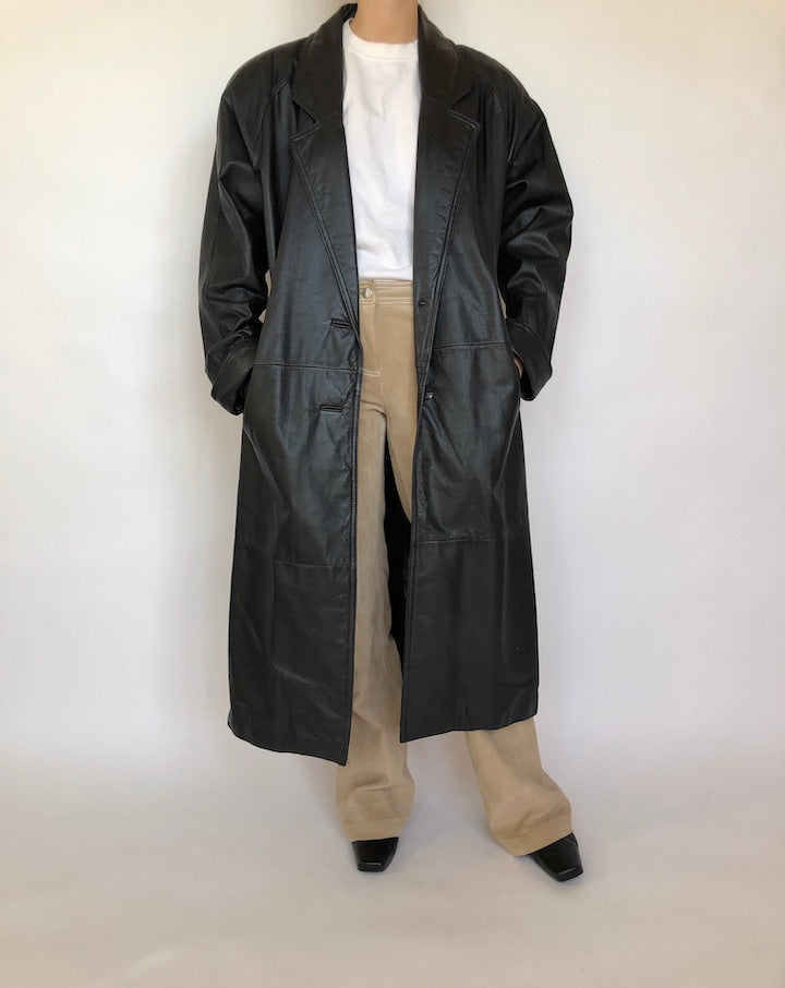 VINTAGE LONG BLACK LEATHER COAT 354