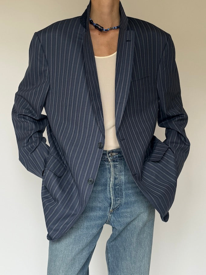 Vintage Striped Virgin Wool Blazer Navy 5962