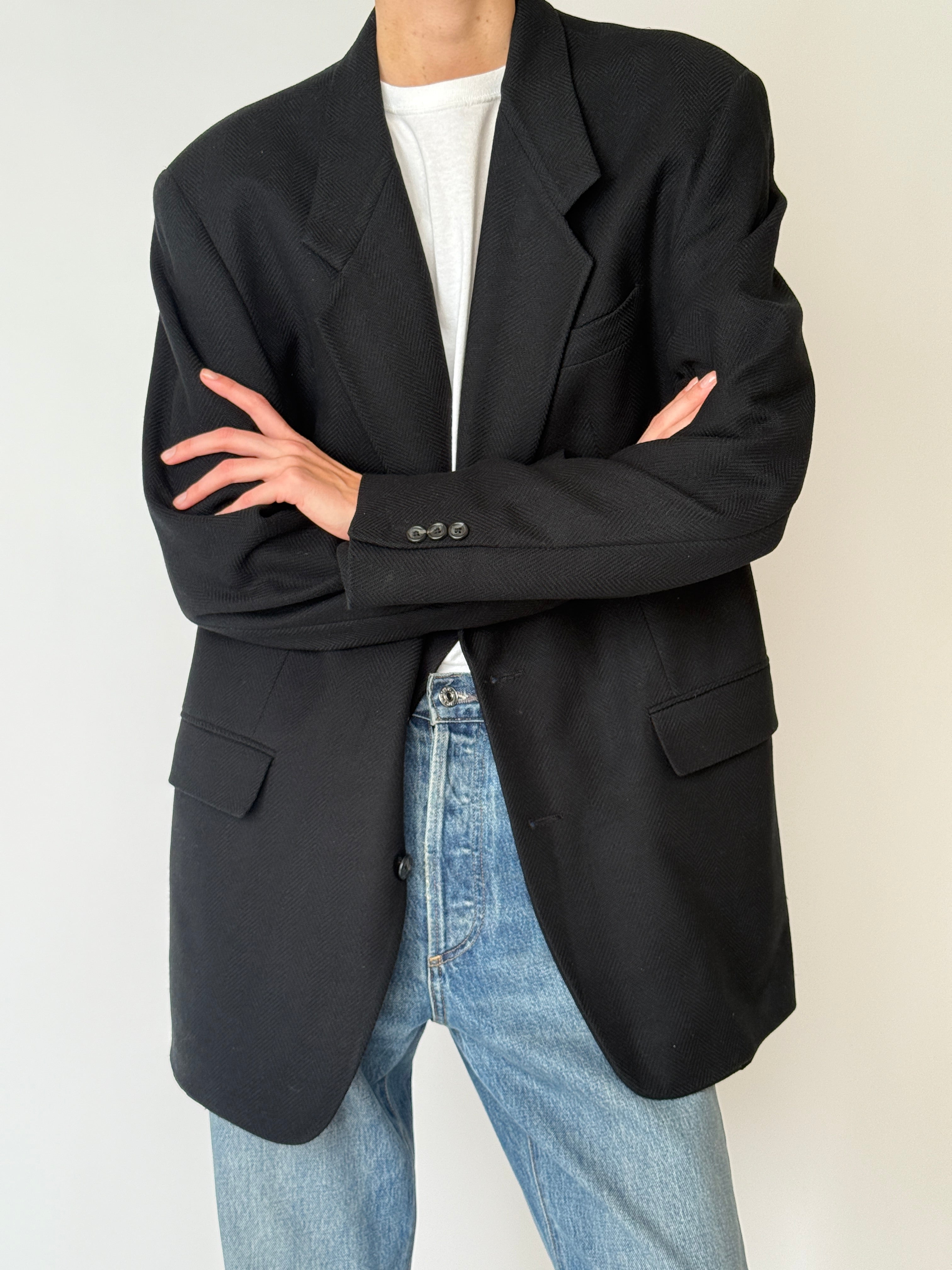 Vintage relaxed wool blazer with boxy fit and notched lapels black