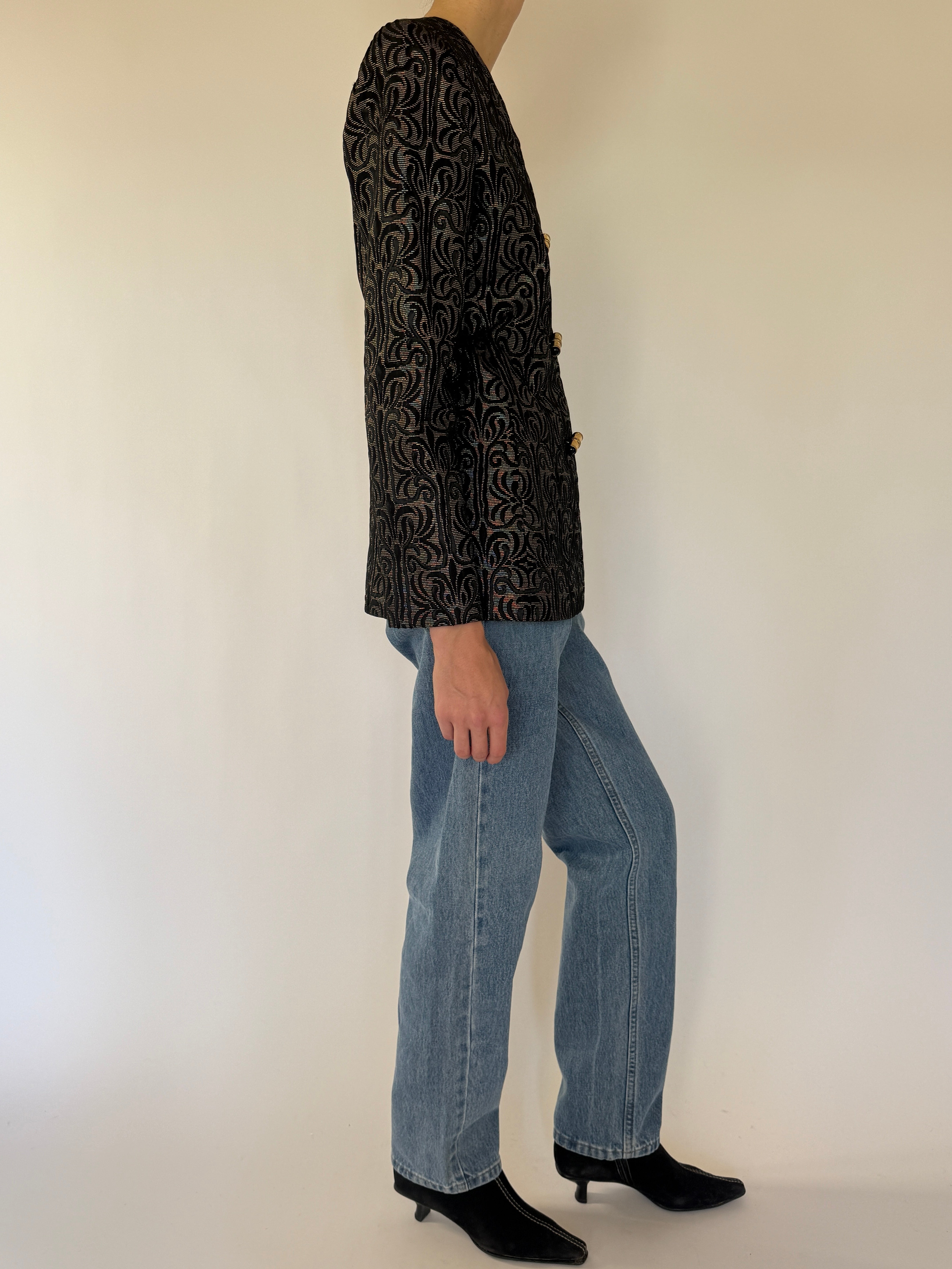 Vintage metallic jacquard blazer black gold angled side view