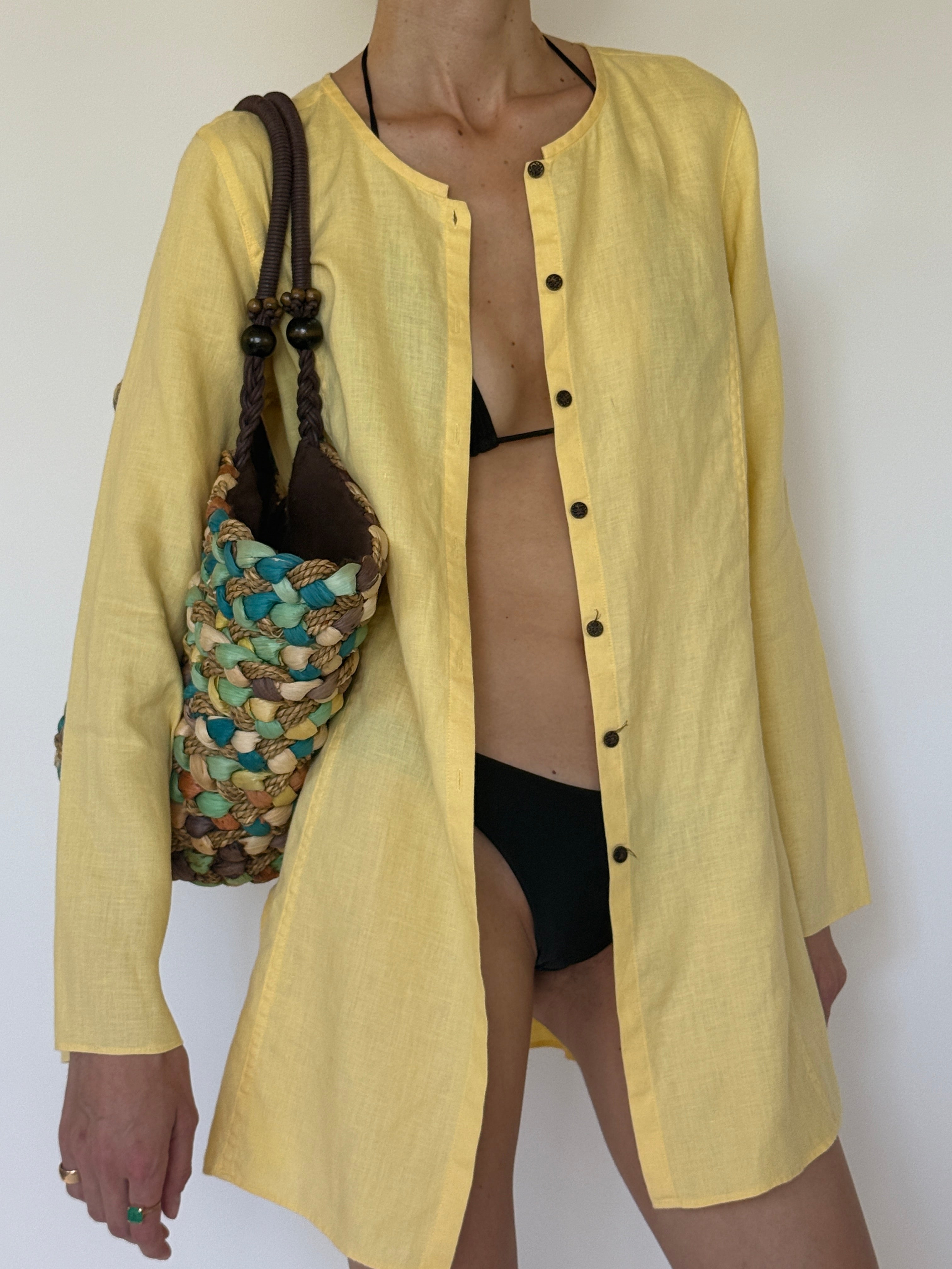 Vintage butter yellow linen swim cover-up angled view