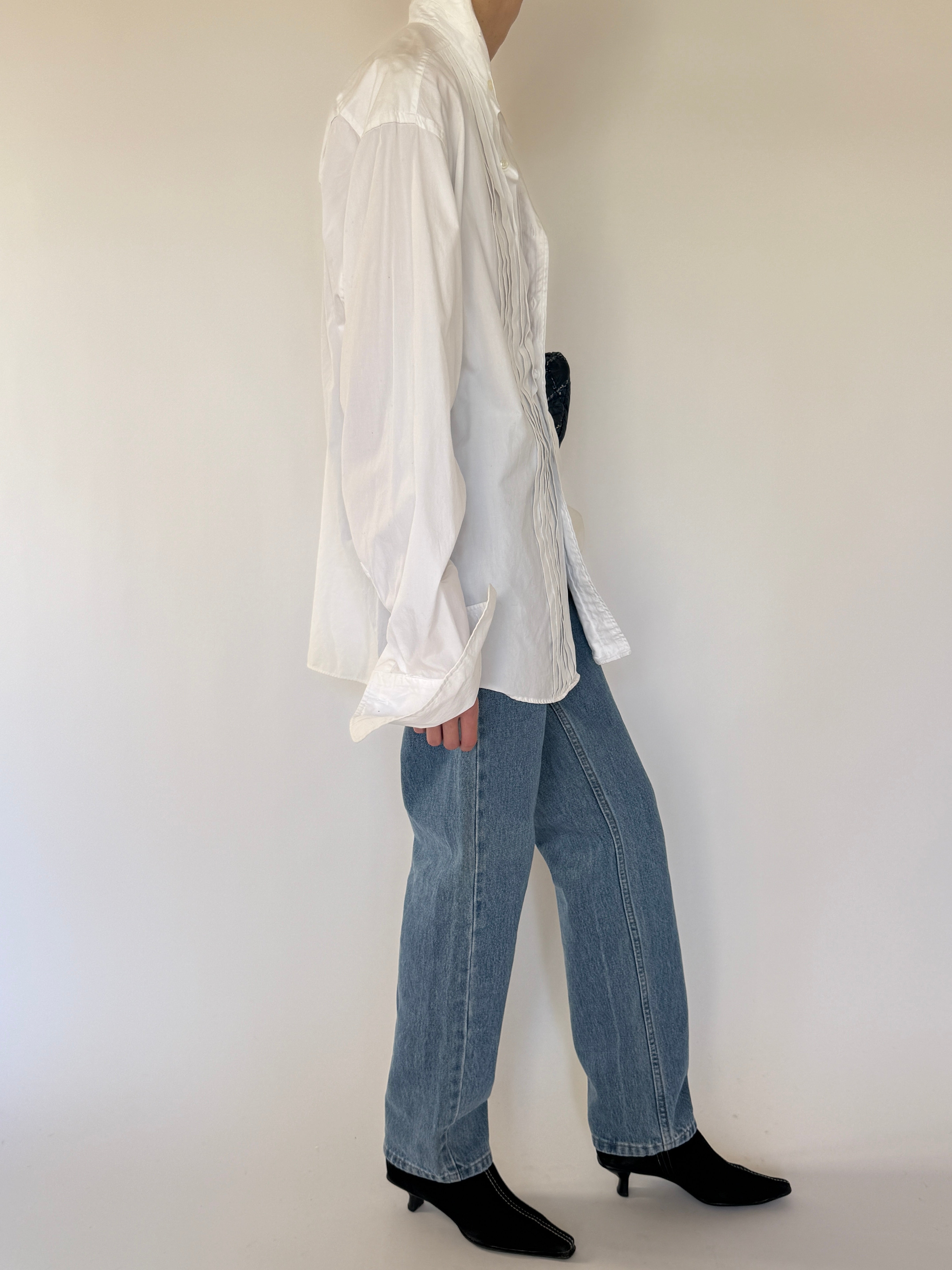 Vintage white cotton pleated front shirt side view