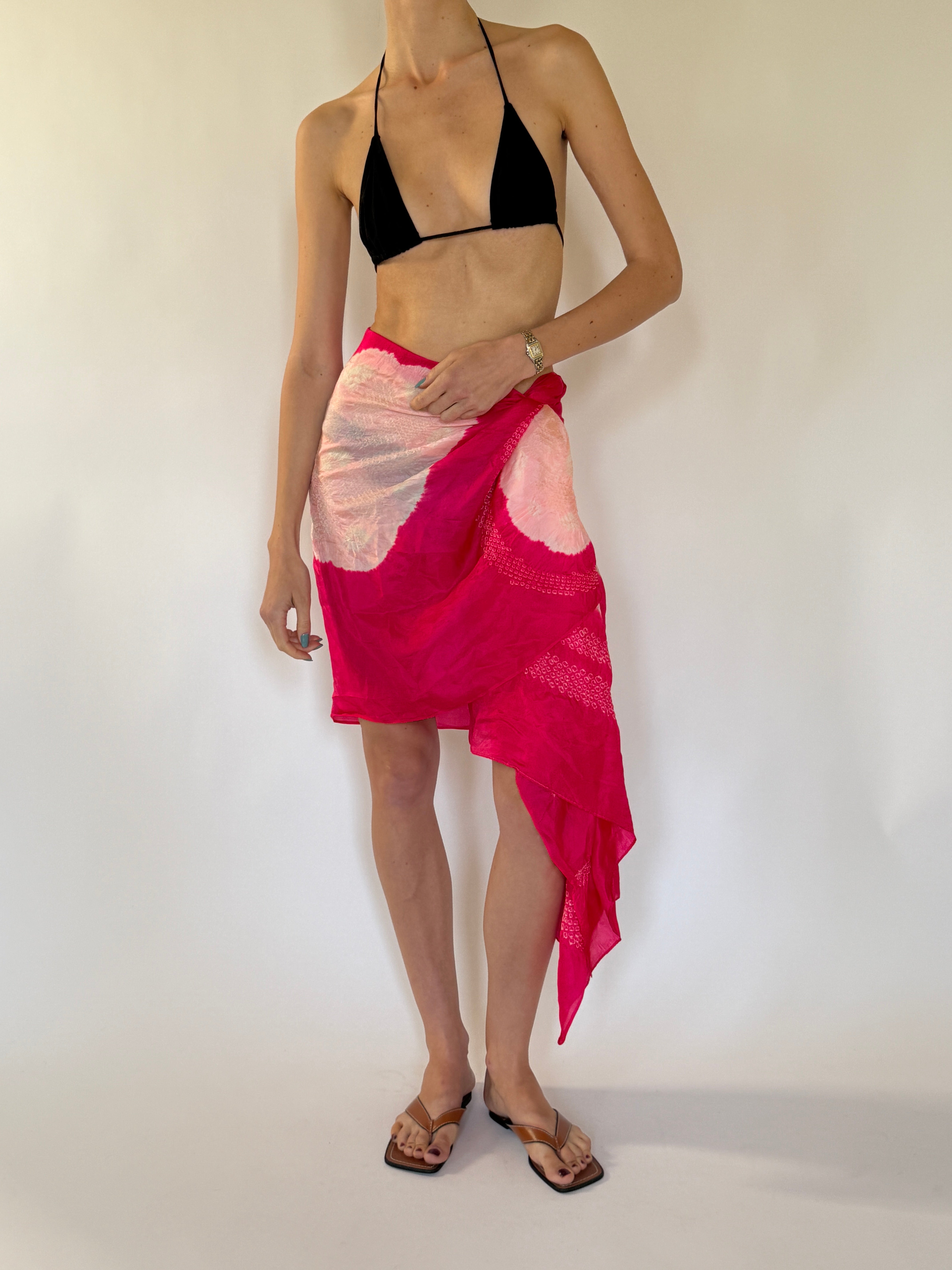Vintage pink silk sarong front view with blush circular motif