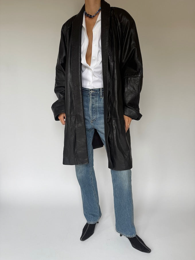 Vintage long leather coat black 6094