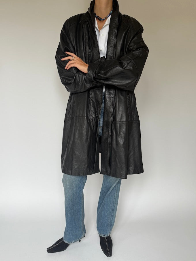 Vintage long leather coat black 6094