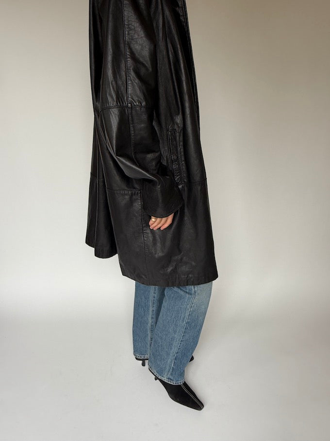 Vintage long leather coat black 6094