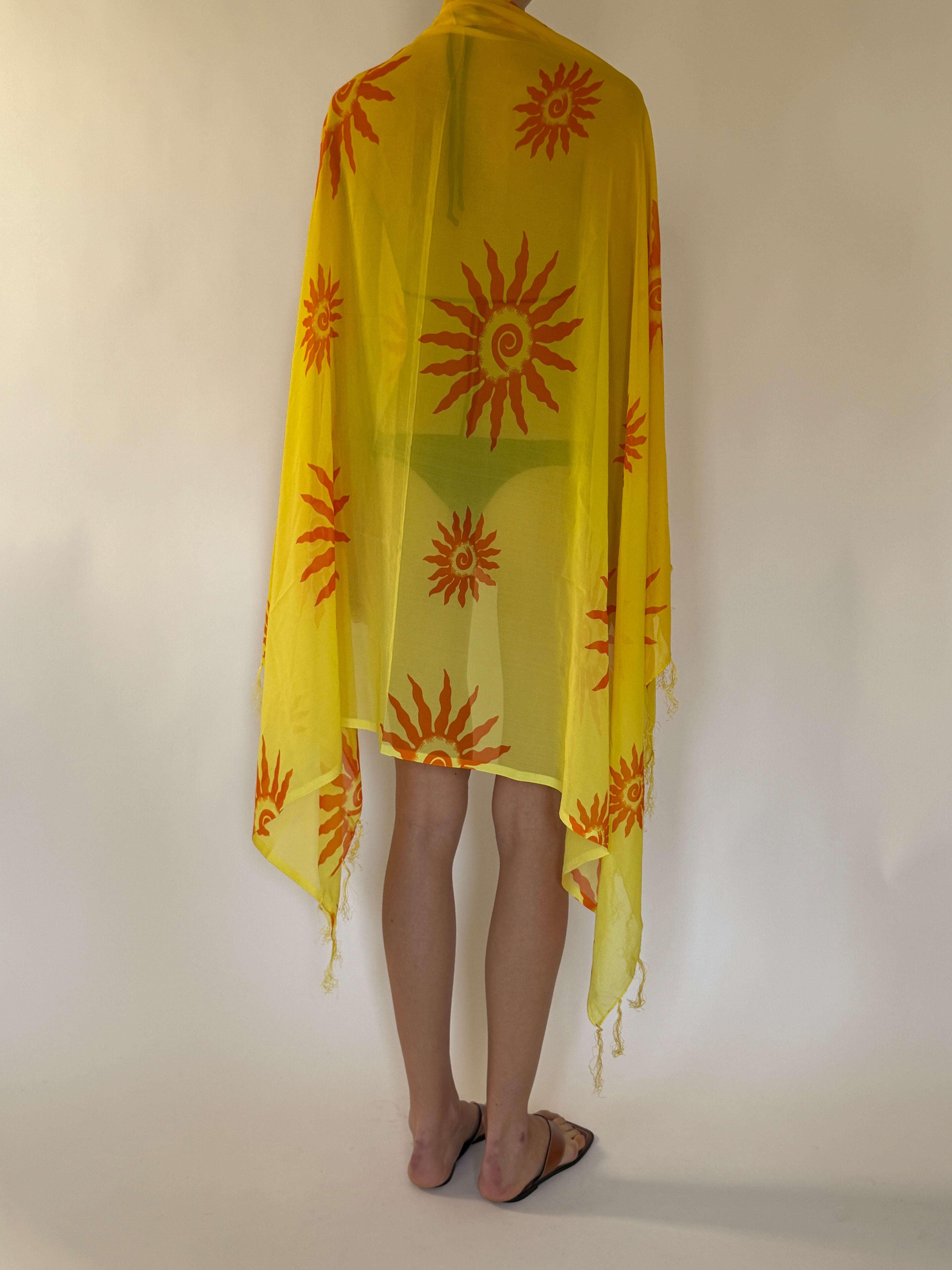 Vintage yellow sun print beach cover up back view