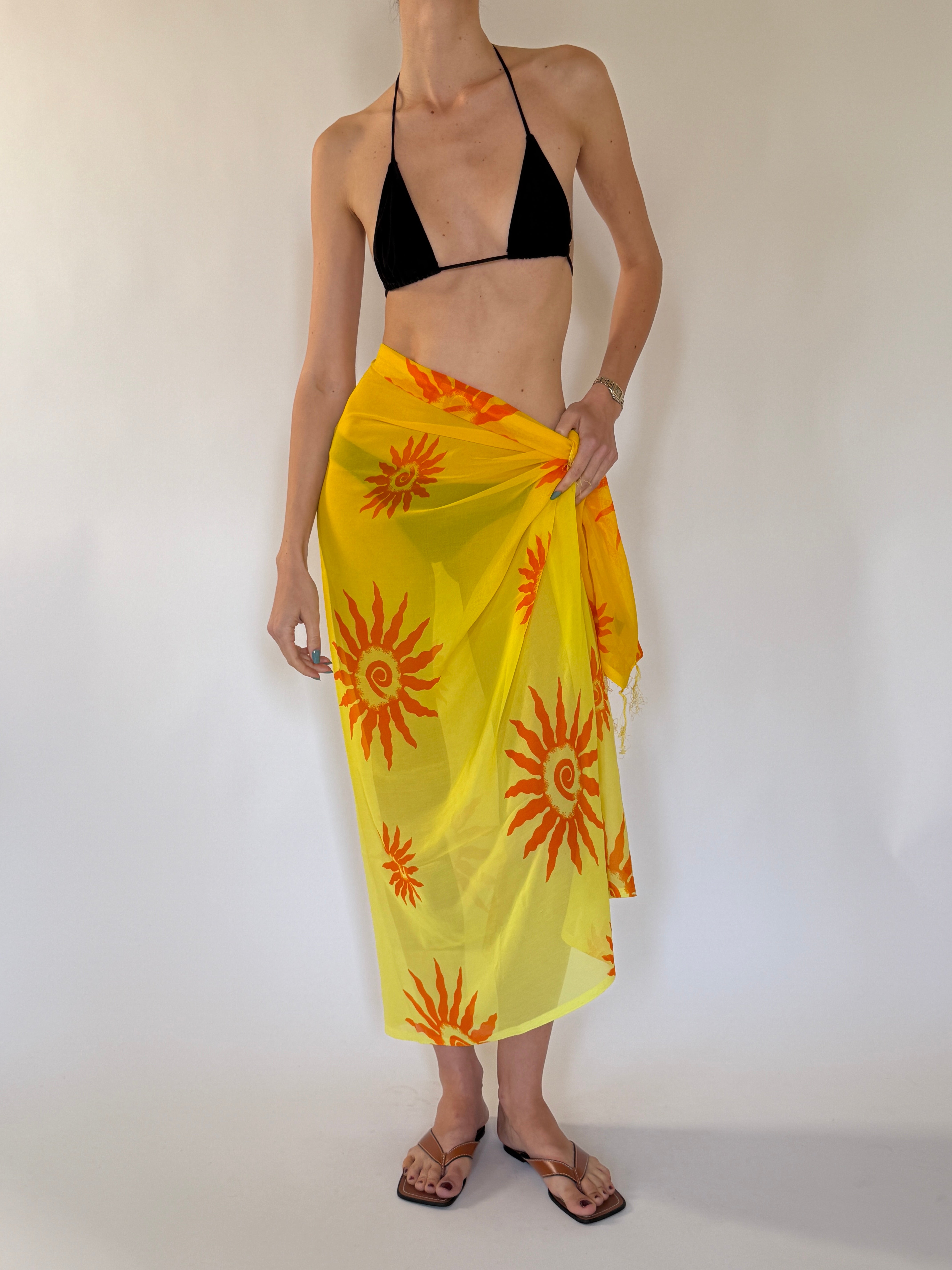 Vintage yellow sun print beach cover up front view