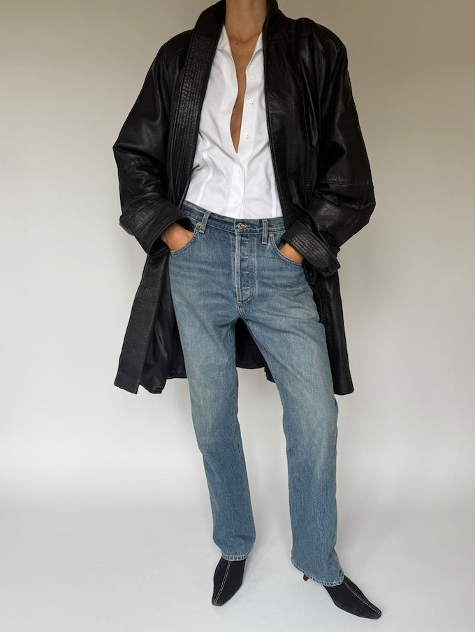 Vintage long leather coat black 6094