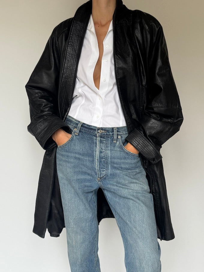 Vintage long leather coat black 6094