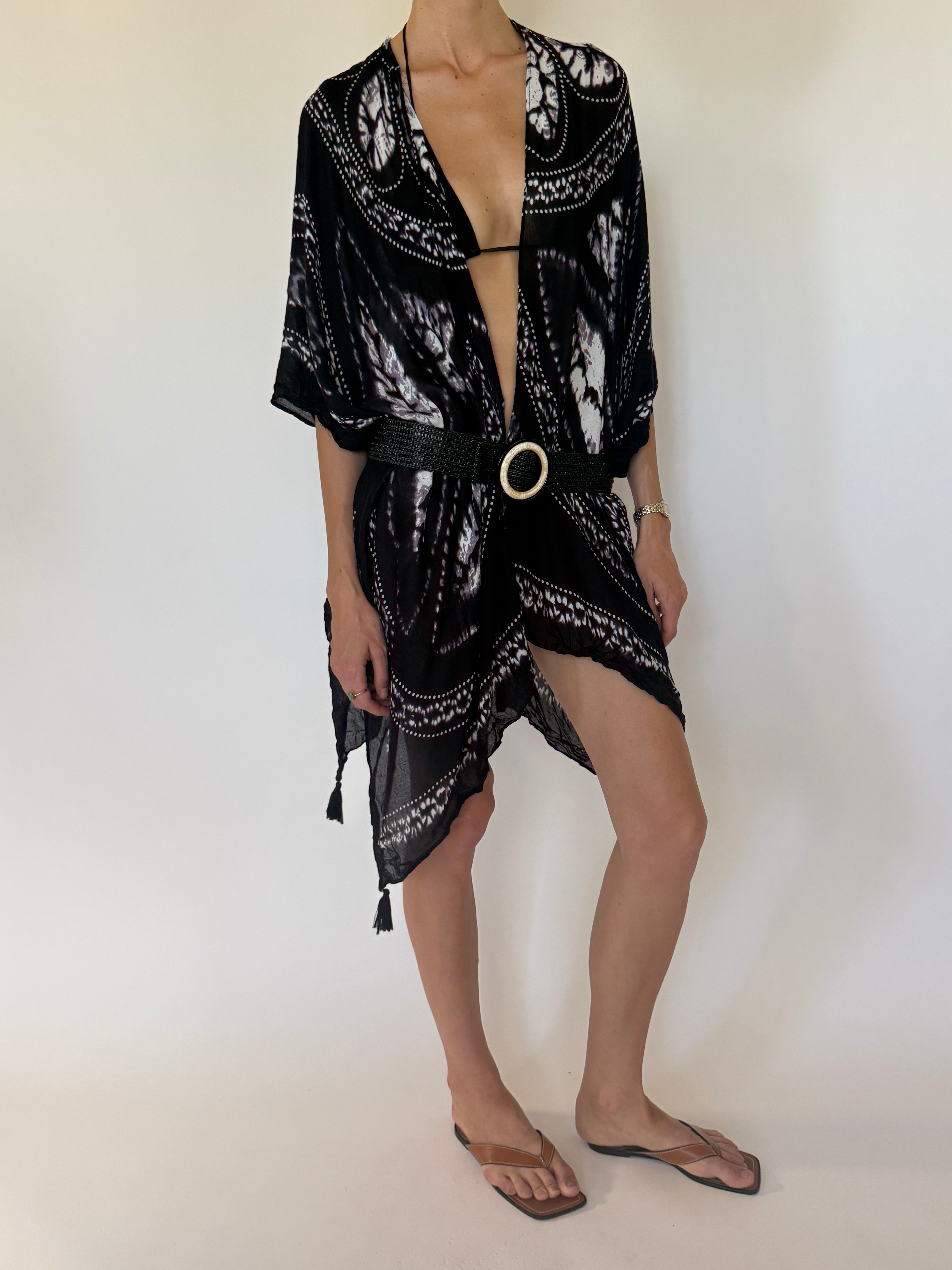 Vintage black kimono swim cover-up belted front view