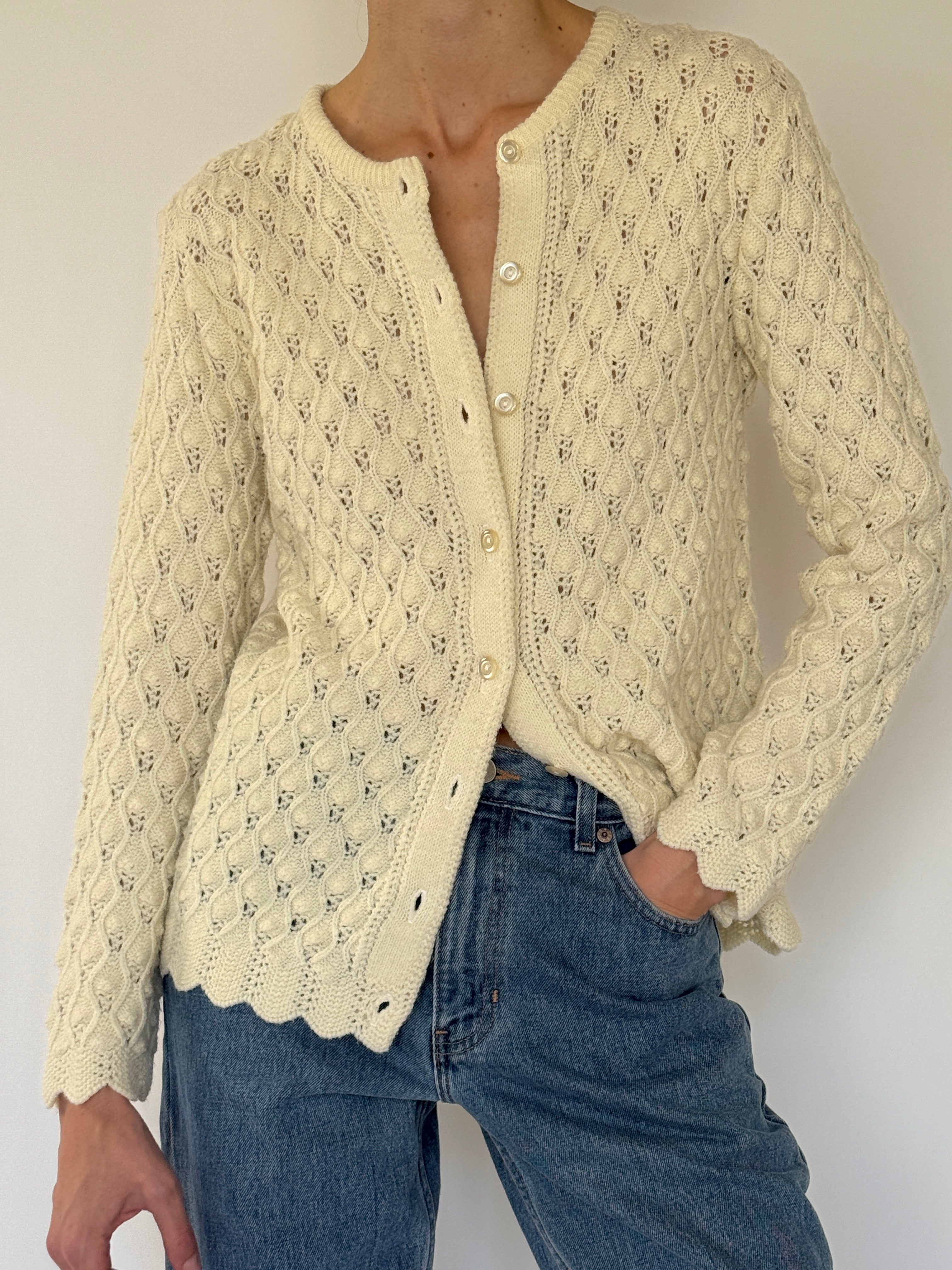 Vintage cream pointelle knit cardigan sleeve knit detail