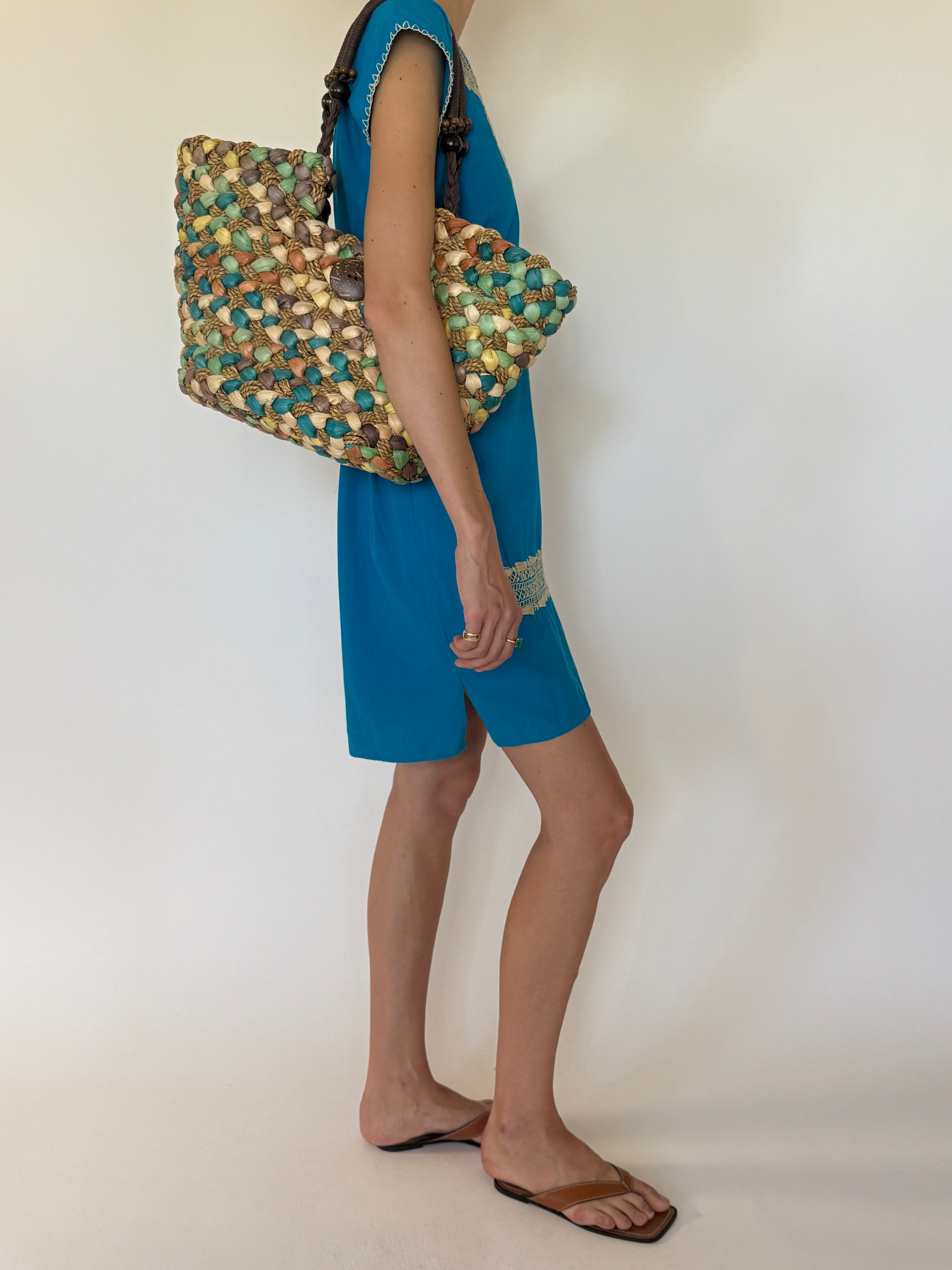 Vintage turquoise embroidered tunic dress side view
