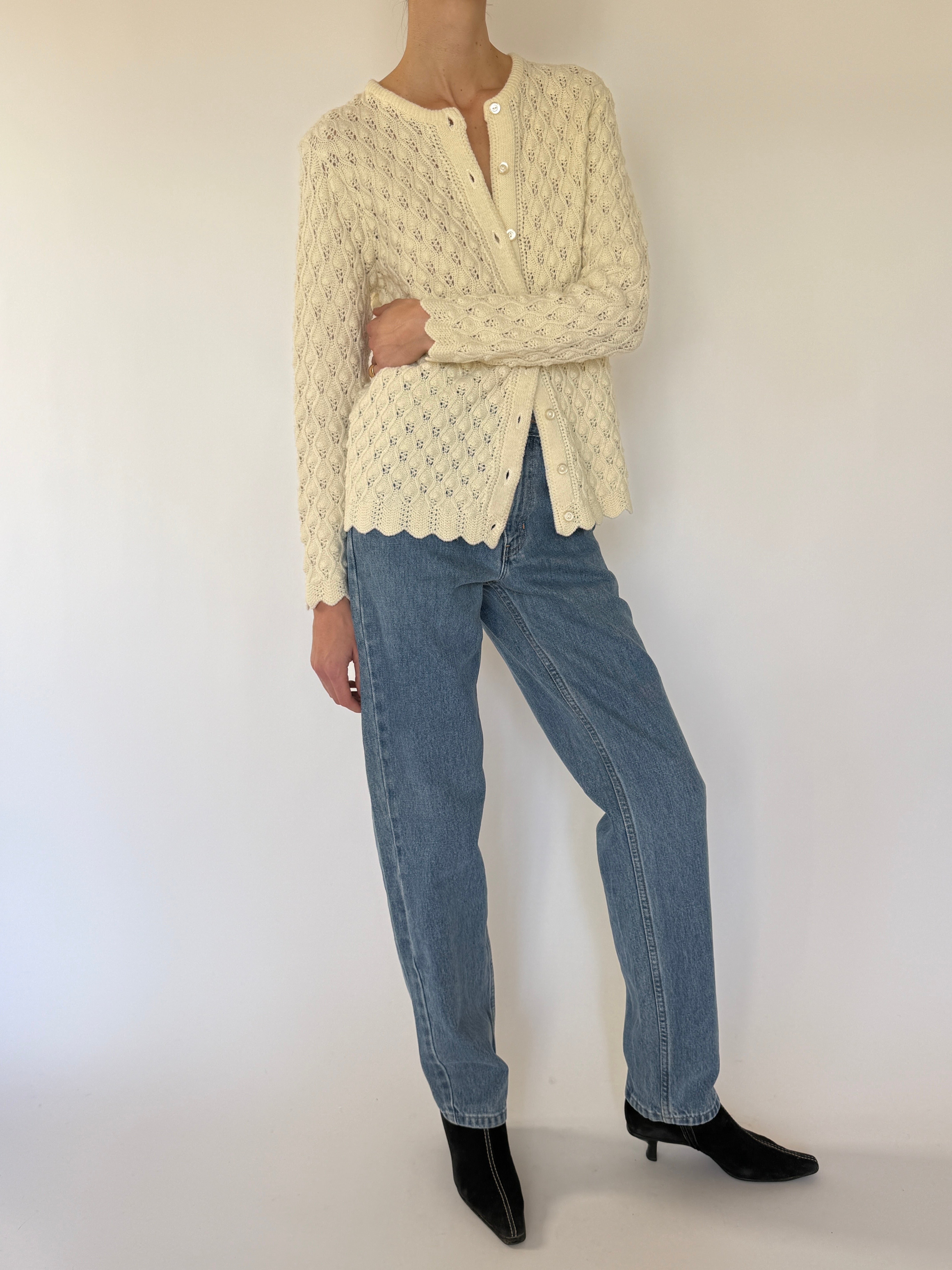 Vintage cream pointelle knit cardigan side view