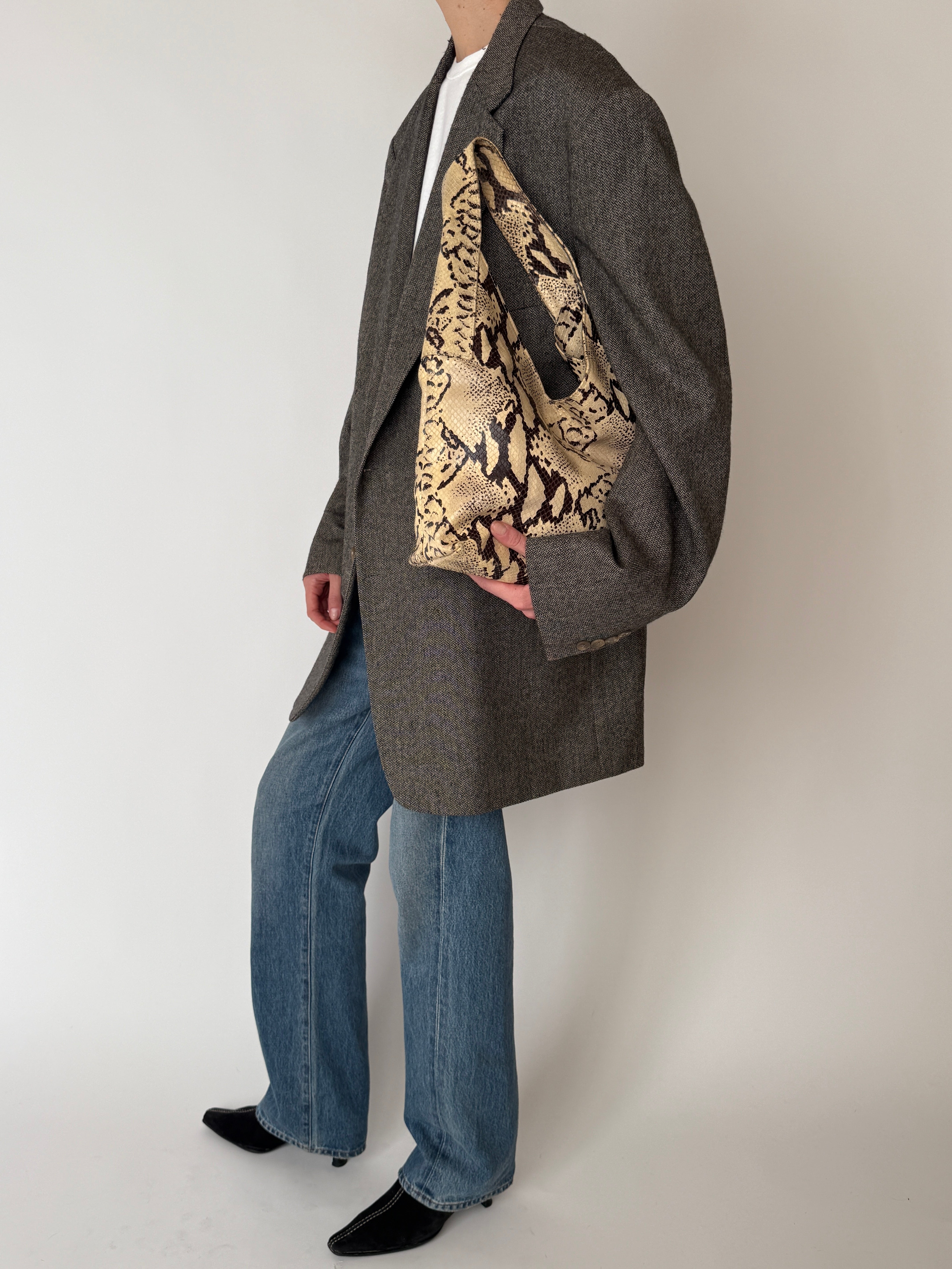 Vintage grey herringbone oversized blazer side view