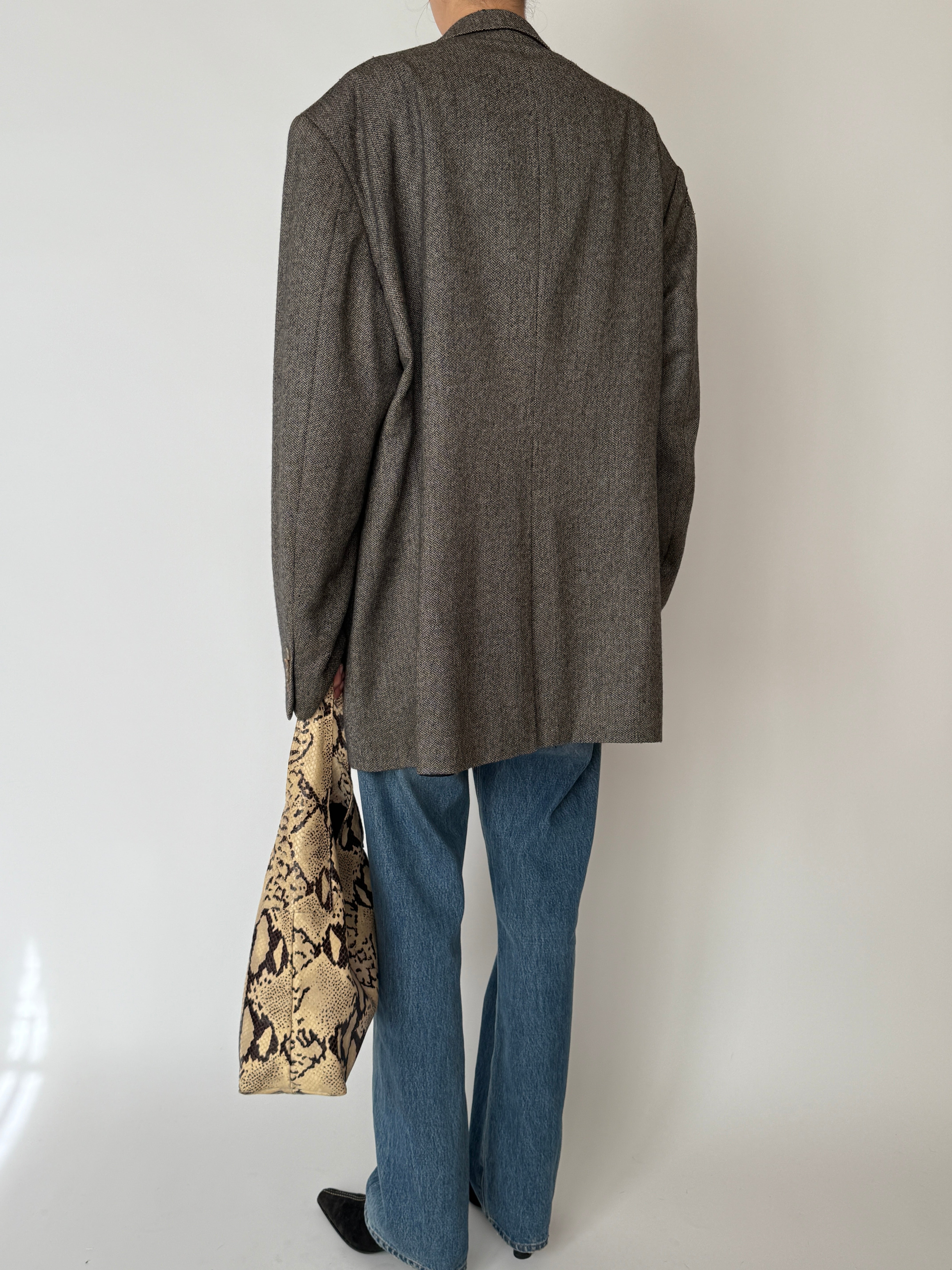 Vintage grey herringbone lambswool blazer back view