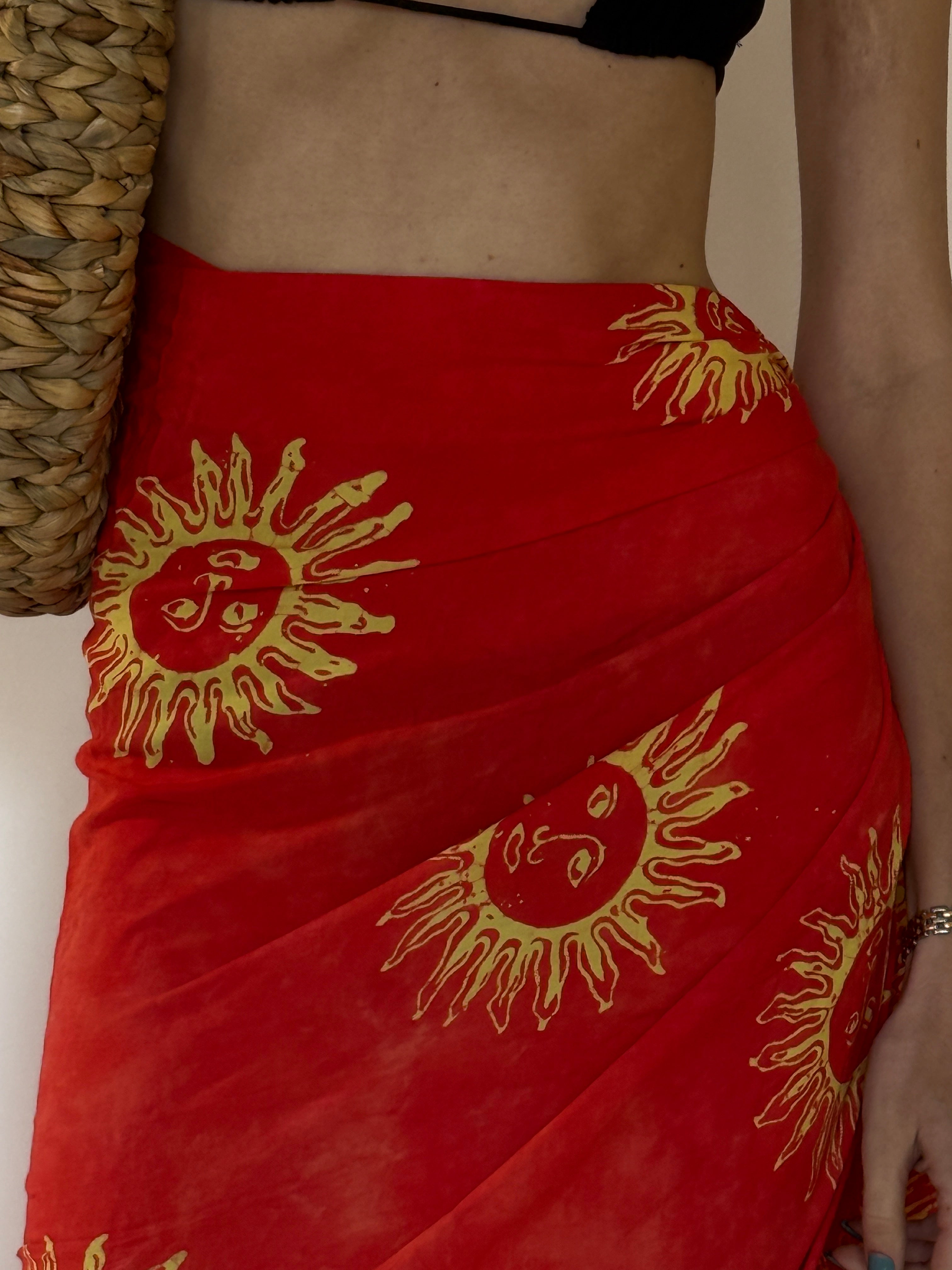 Vintage red sun print sarong wrap front view