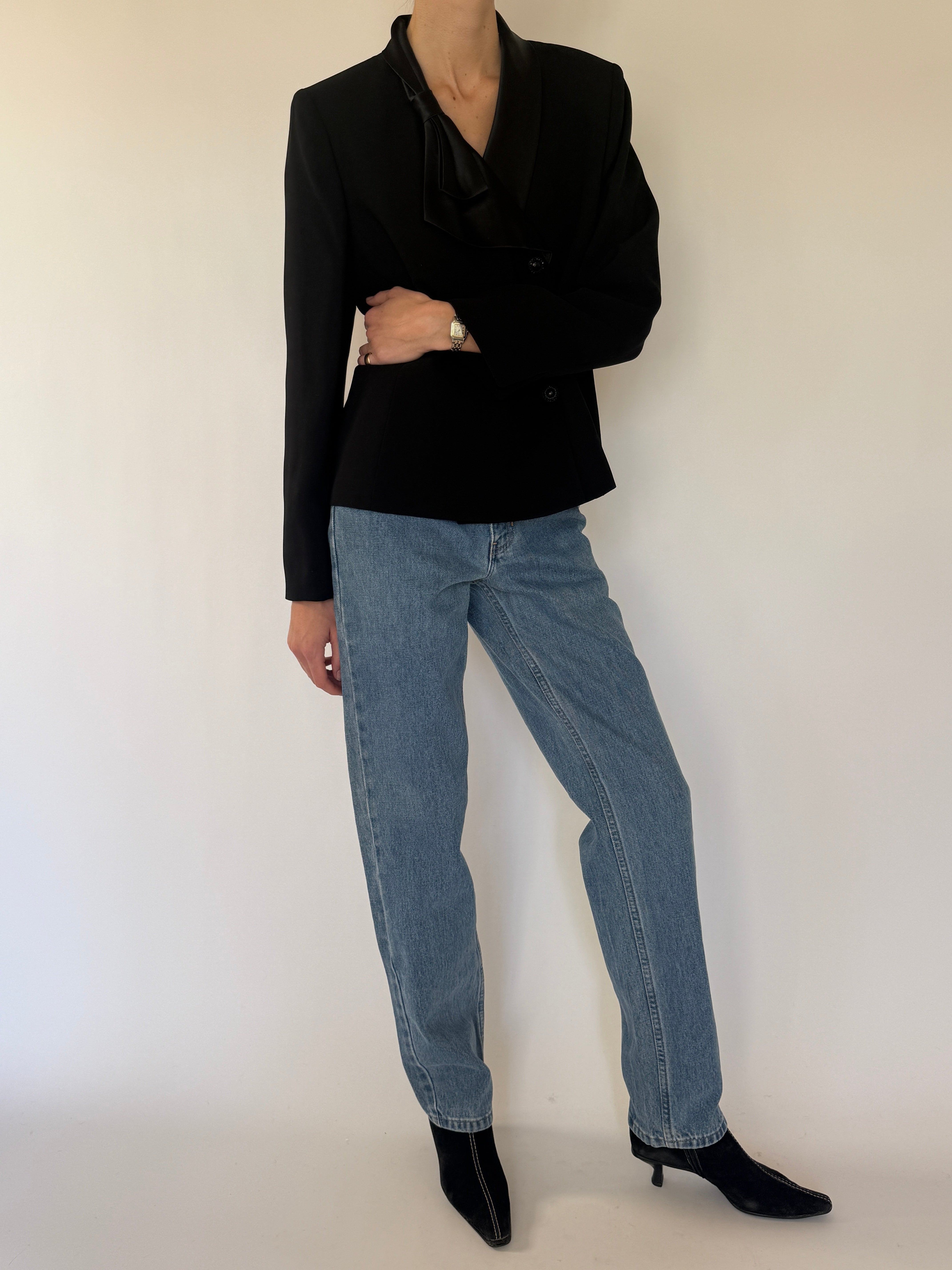 Vintage black blazer satin collar side view