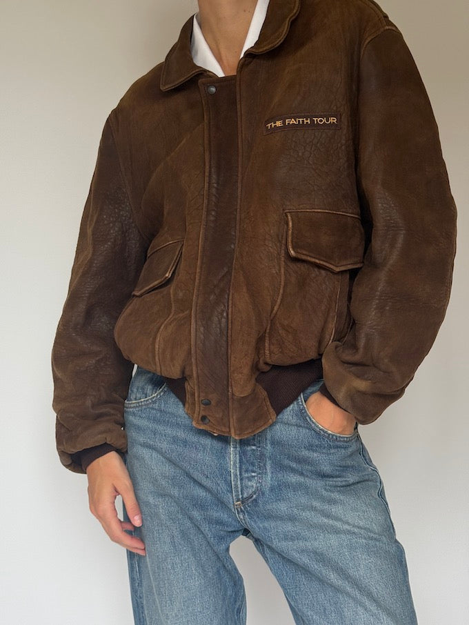 Vintage Bomber-Like Leather Jacket In Brown 5707