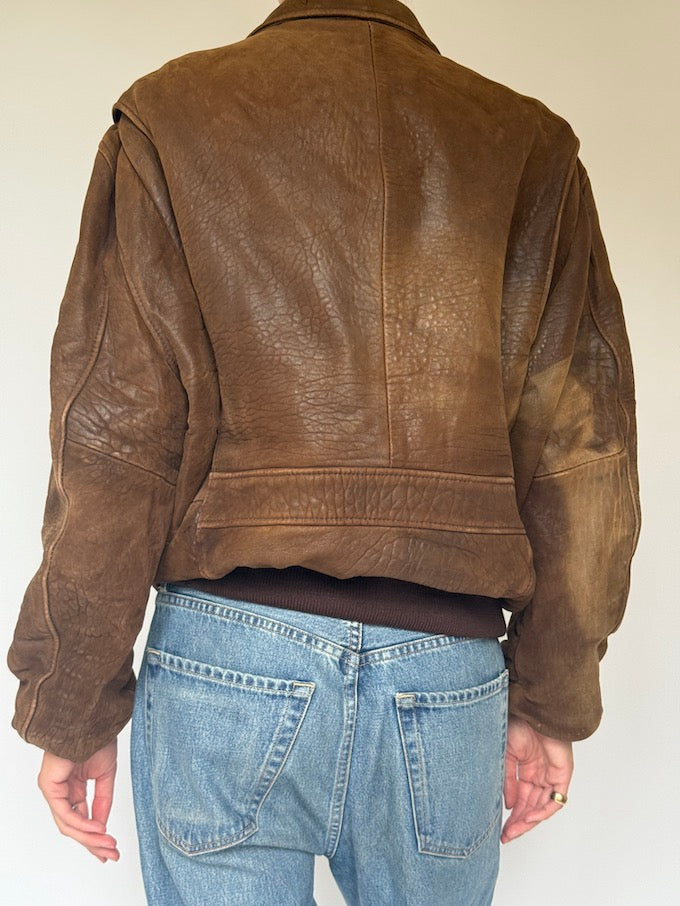 Vintage Bomber-Like Leather Jacket In Brown 5707