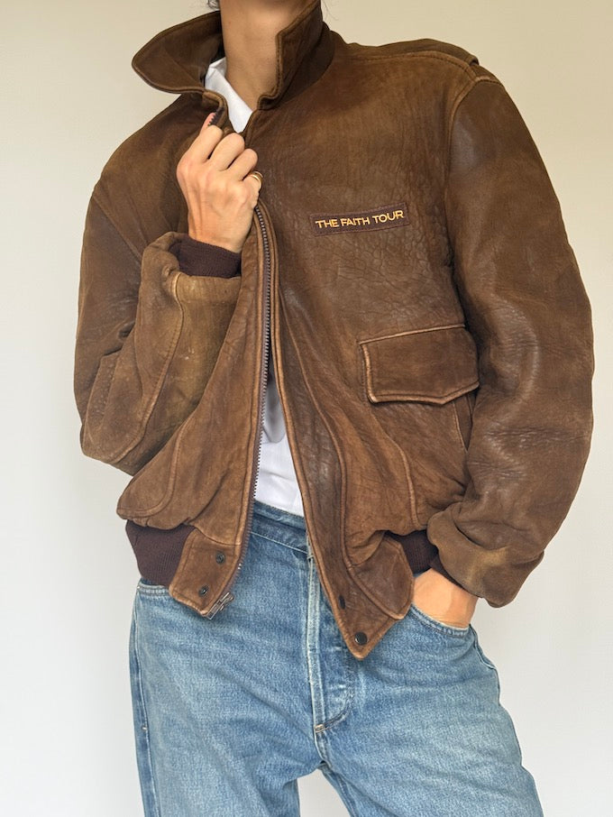Vintage Bomber-Like Leather Jacket In Brown 5707